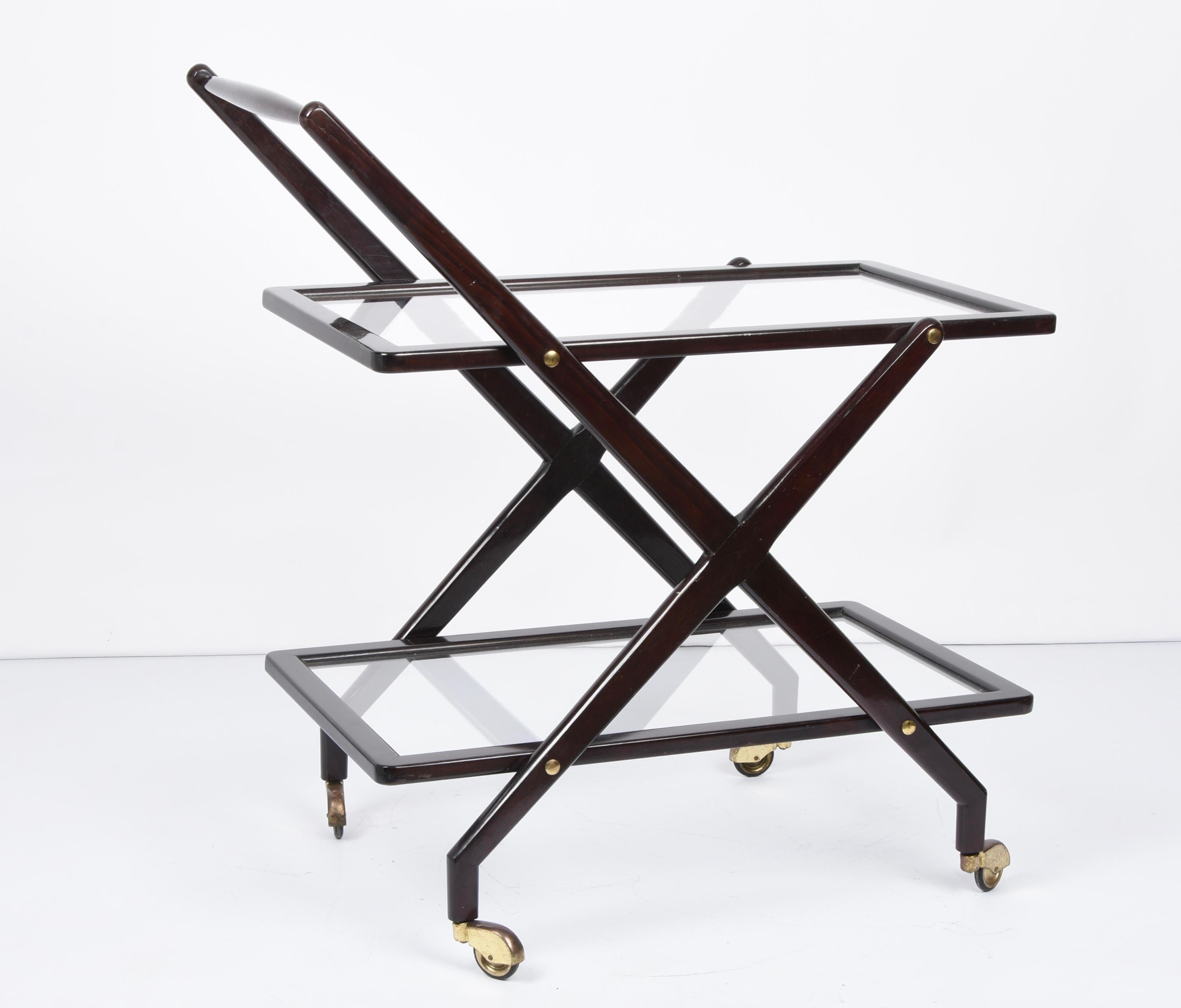 Mid-20th Century Cesare Lacca Walnut, Brass and Glass Midcentury Italian Serving Bar Cart, 1950s