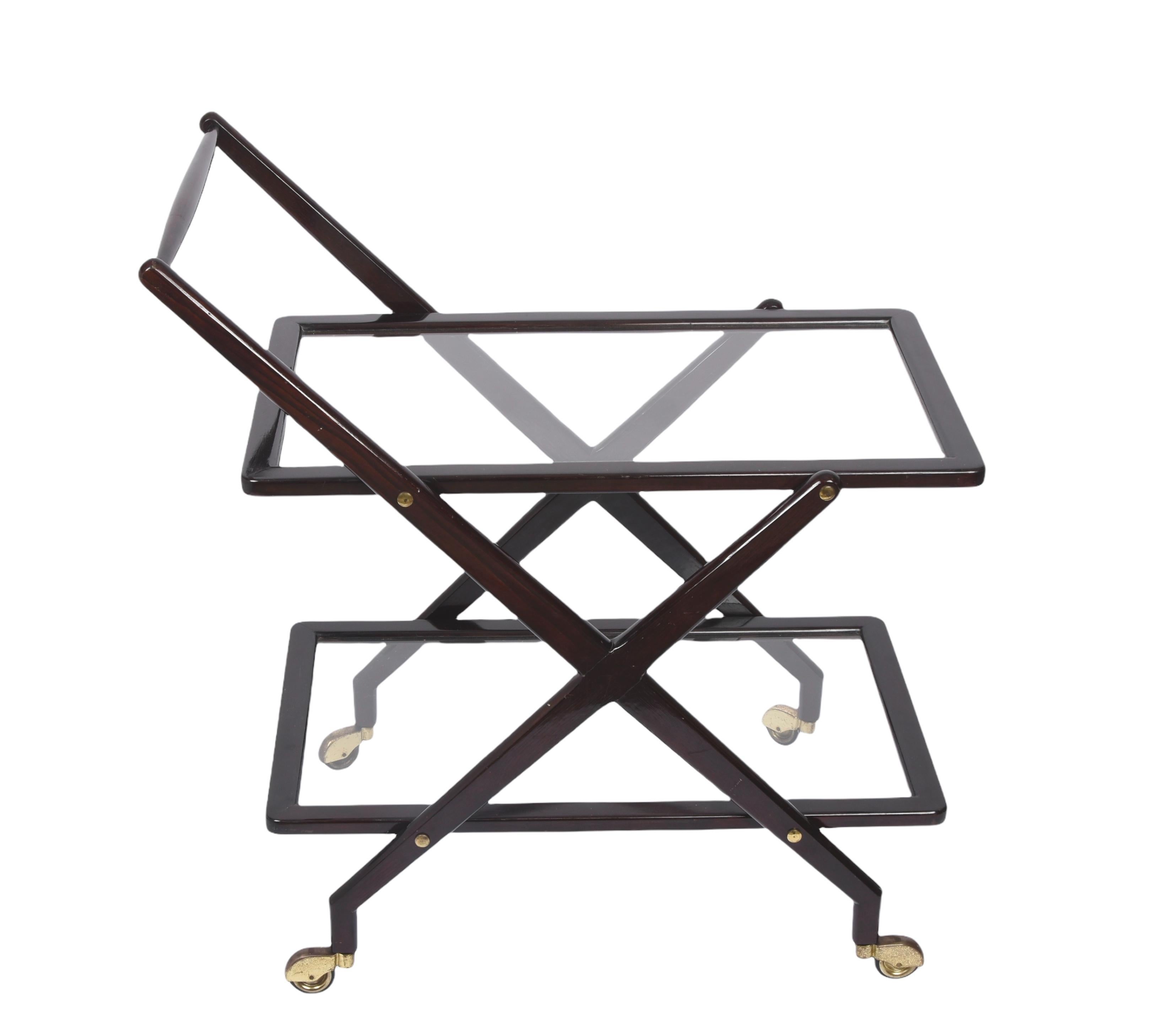 Wood Cesare Lacca Walnut, Brass and Glass Midcentury Italian Serving Bar Cart, 1950s