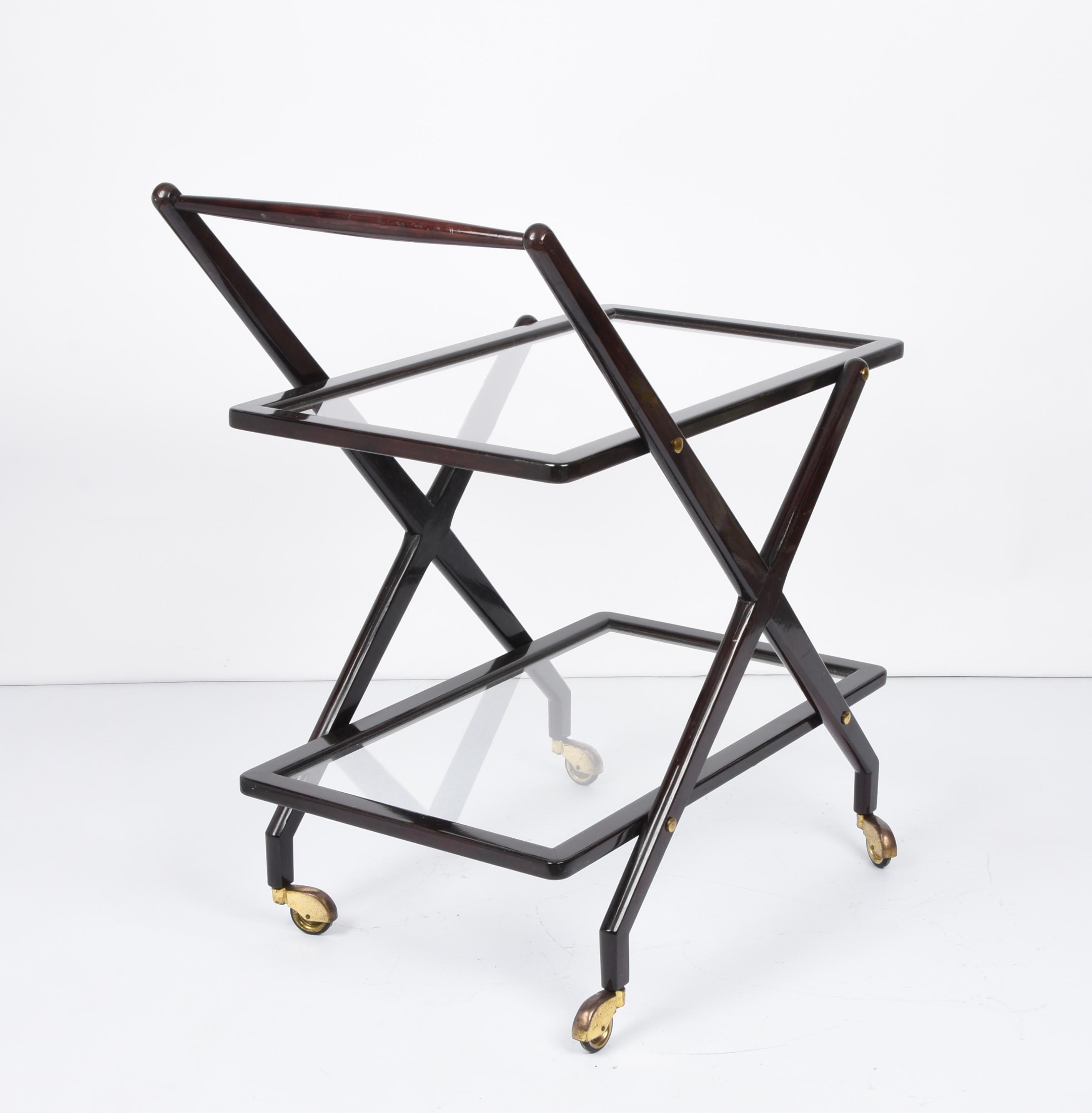 Cesare Lacca Walnut, Brass and Glass Midcentury Italian Serving Bar Cart, 1950s 1