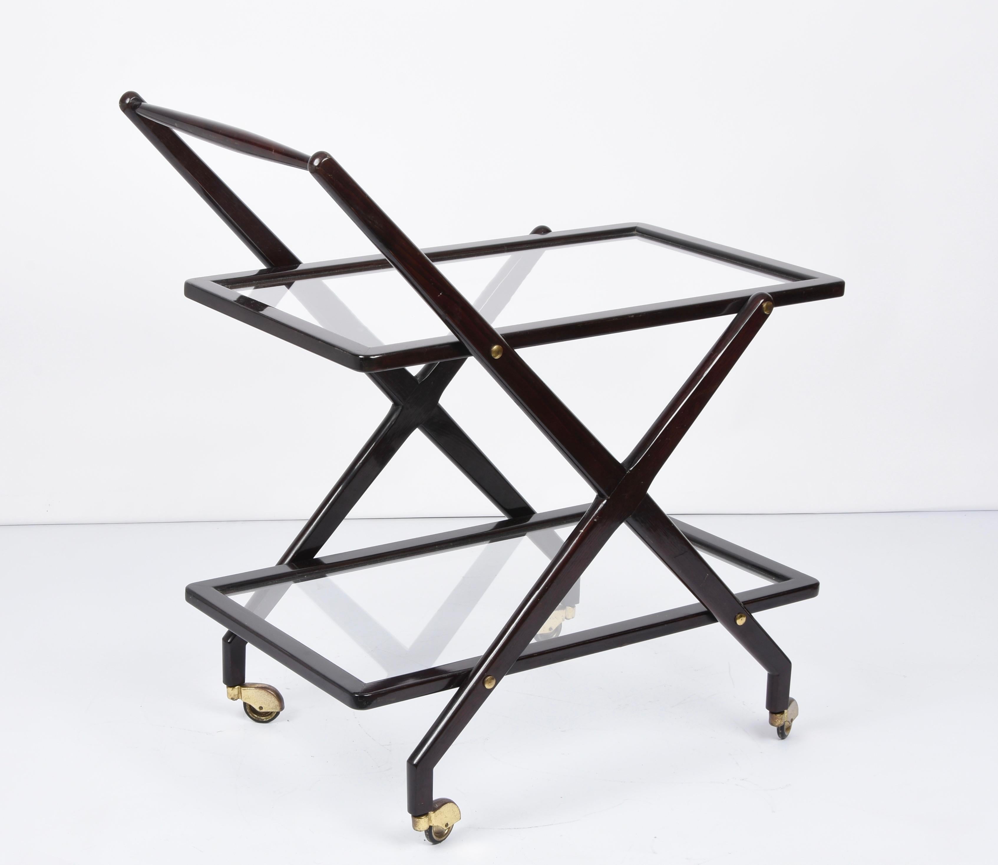Cesare Lacca Walnut, Brass and Glass Midcentury Italian Serving Bar Cart, 1950s 2