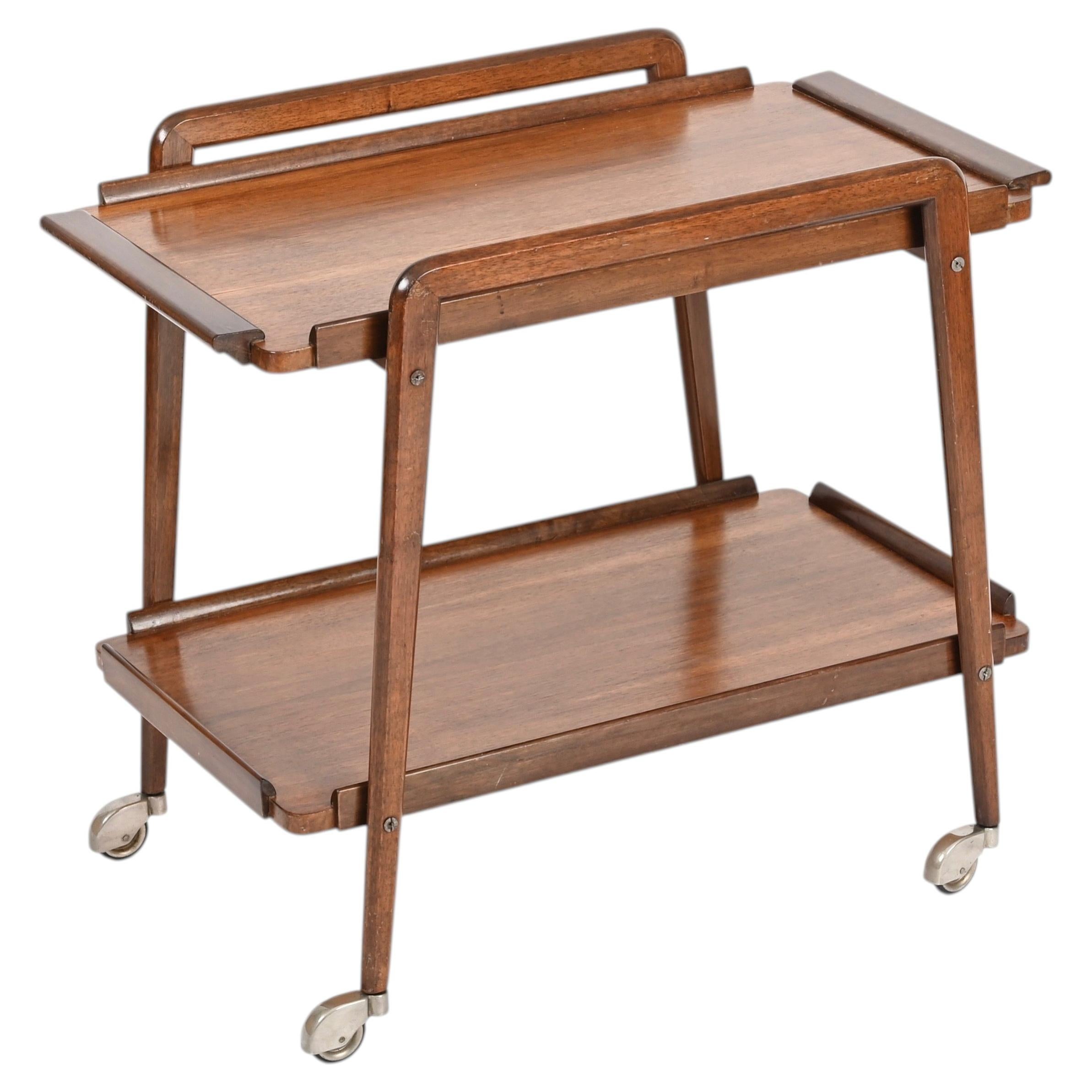 Cesare Lacca Italian Mid-Century Walnut Serving Bar Cart with Tray, 1960s