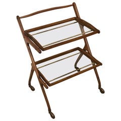 Cesare Lacca Wheeled Walnut Wood Trolley with Removable Glass Shelves