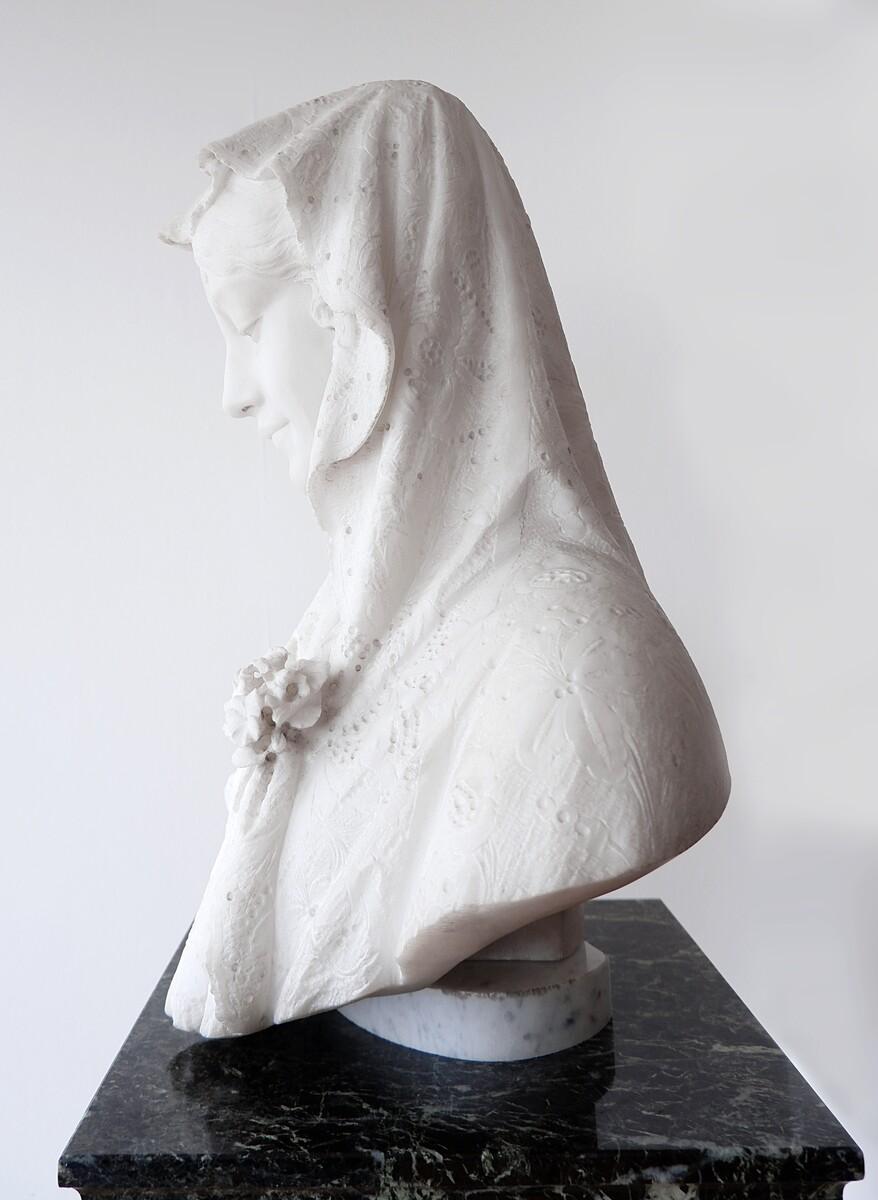 Cesare Lapini, Alabaster Bust of a Woman in Lace Shroud, Signed and Dated 19th 9