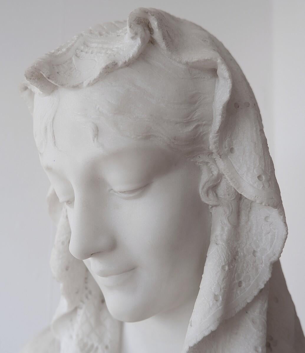 Cesare Lapini, Alabaster Bust of a Woman in Lace Shroud, Signed and Dated 19th 2