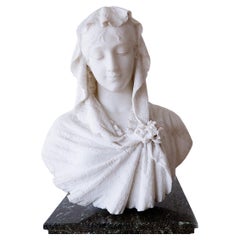 Cesare Lapini, Alabaster Bust of a Woman in Lace Shroud, Signed and Dated 19th