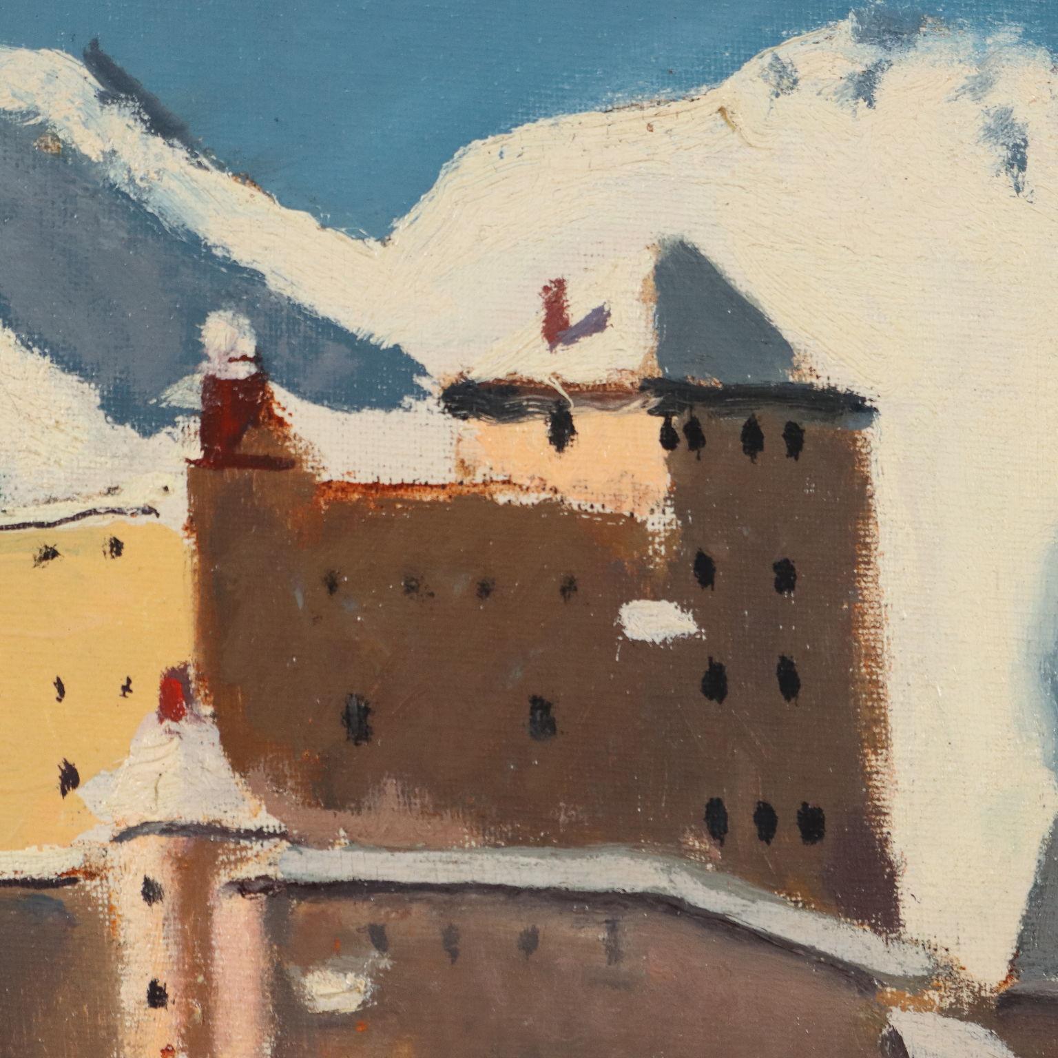 El castillo de Tarasp 1960 - Landscape Painting Brown de Cesare Maggi