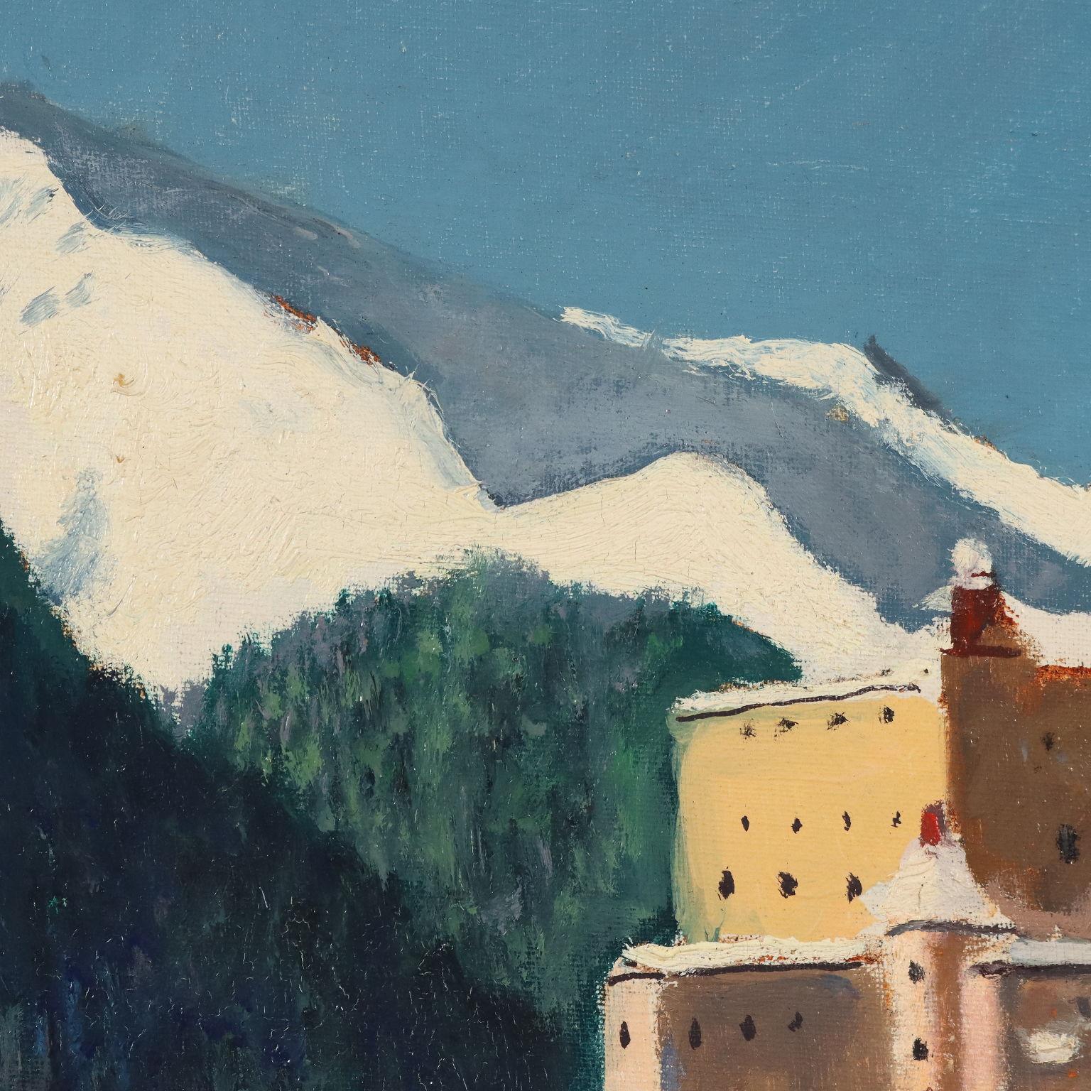 Óleo sobre cartón. Firmado y fechado abajo a la derecha.
El artista de origen romano Cesare Maggi se estableció como paisajista divisionista, representando paisajes alpinos de la Engadina y el Valle de Aosta, a menudo animados por la inclusión de
