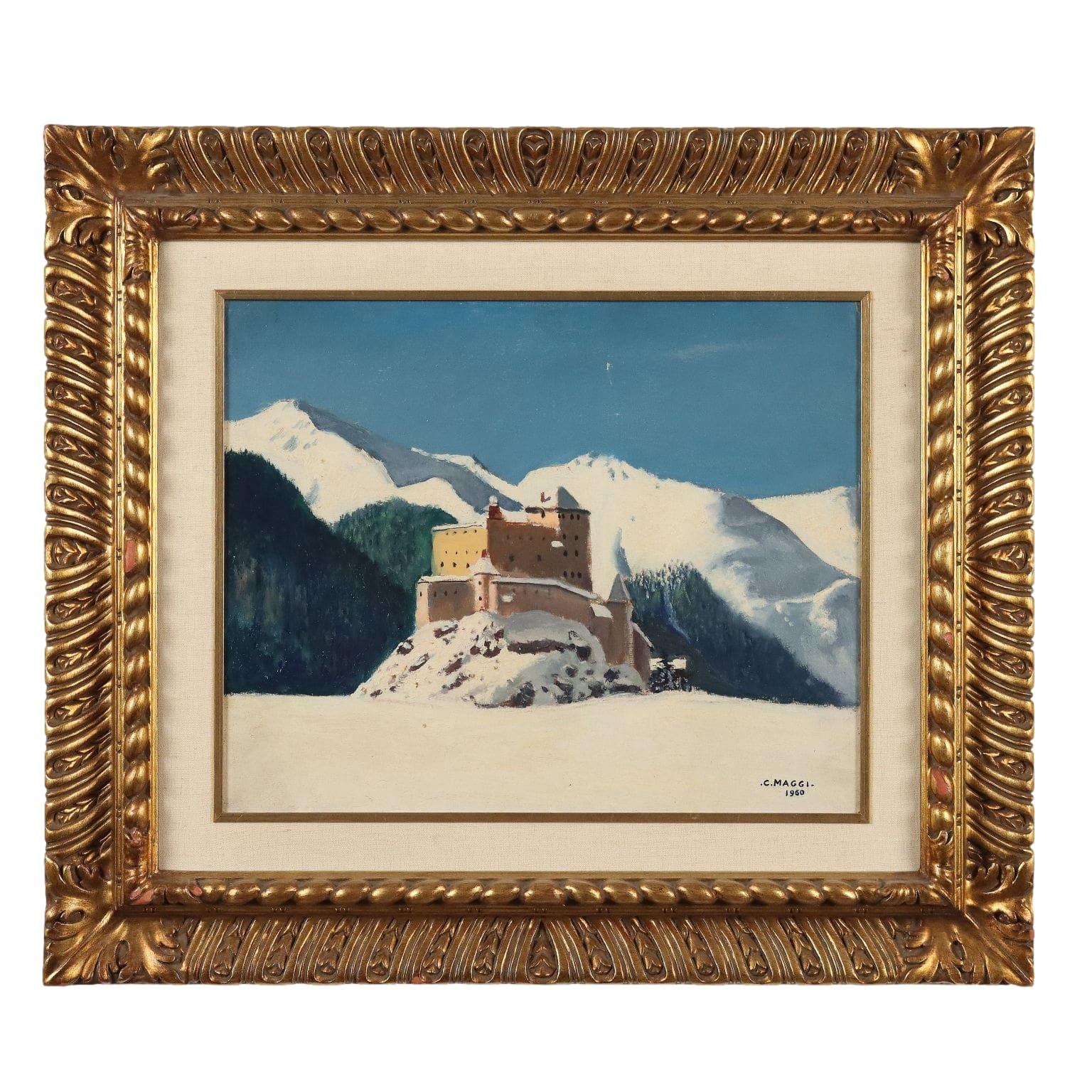 Landscape Painting de Cesare Maggi - El castillo de Tarasp 1960