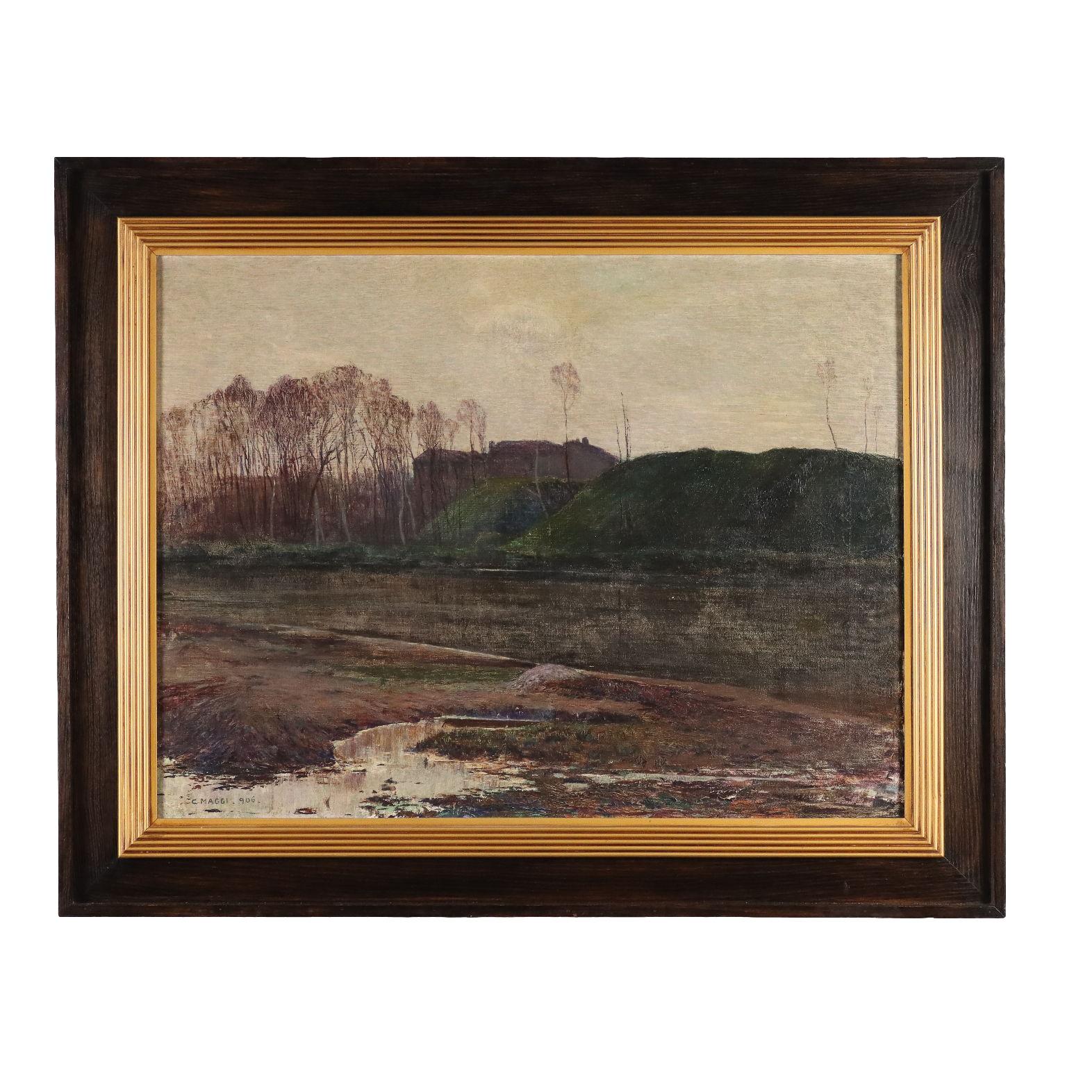 Cesare Maggi Landscape Painting - Paesaggio con Scorcio Fluviale, 1906