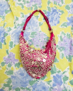 Cesare Paciotti 90's pink handcrafted silk beaded "Heart" shoulder bag