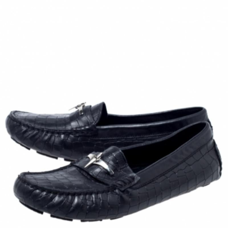 Noir Cesare Paciotti Black Croc Embossed Leather Slip On Loafers Size 35 en vente