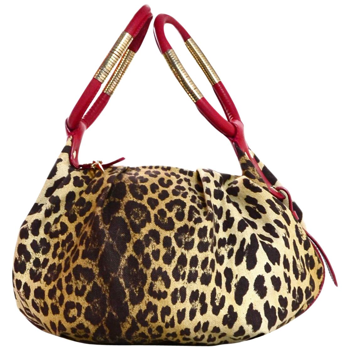 Cesare Paciotti Canvas Leopard Print Bag W/ Red Leather Trim 