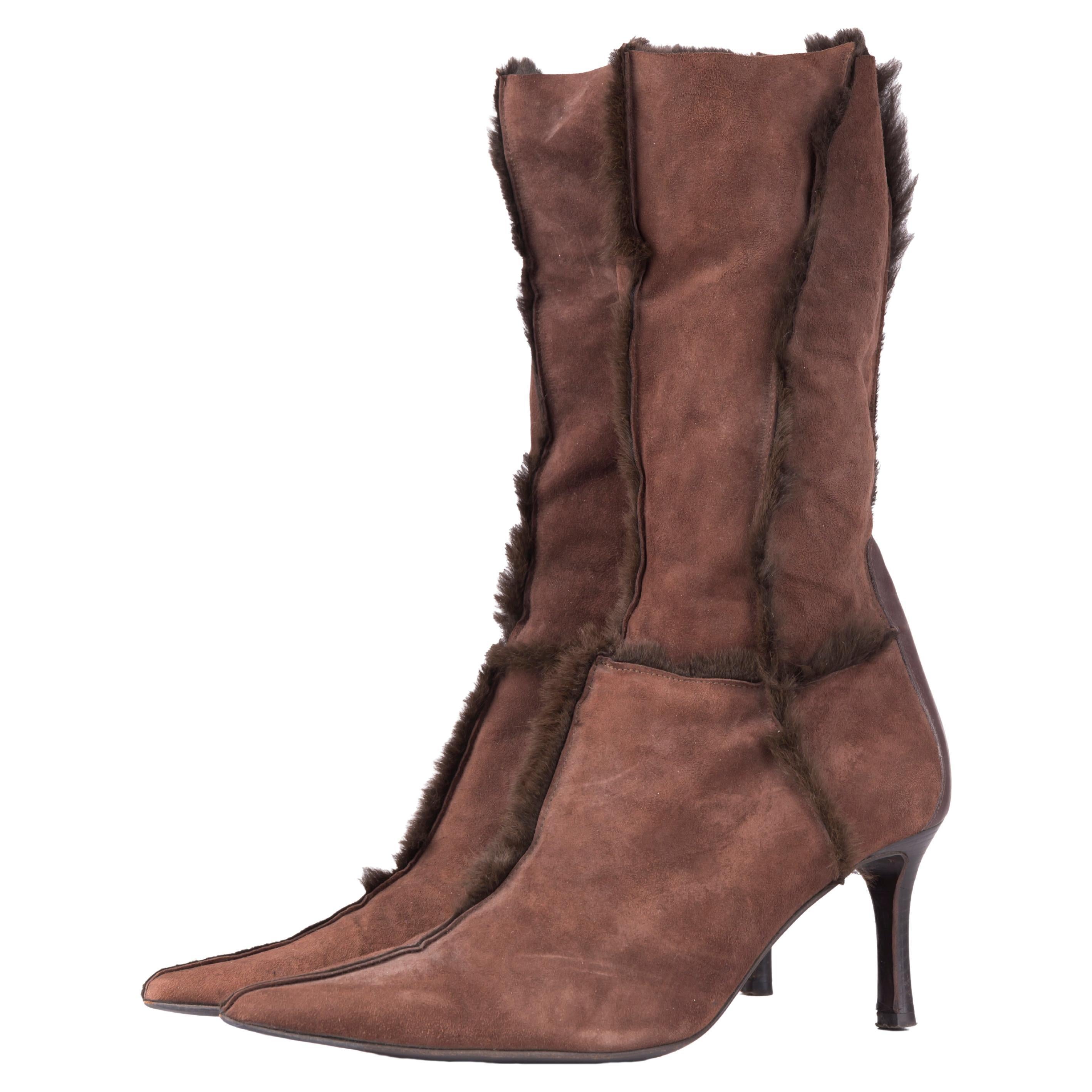 Cesare Paciotti F/W 2002 brown fur ankle boots For Sale