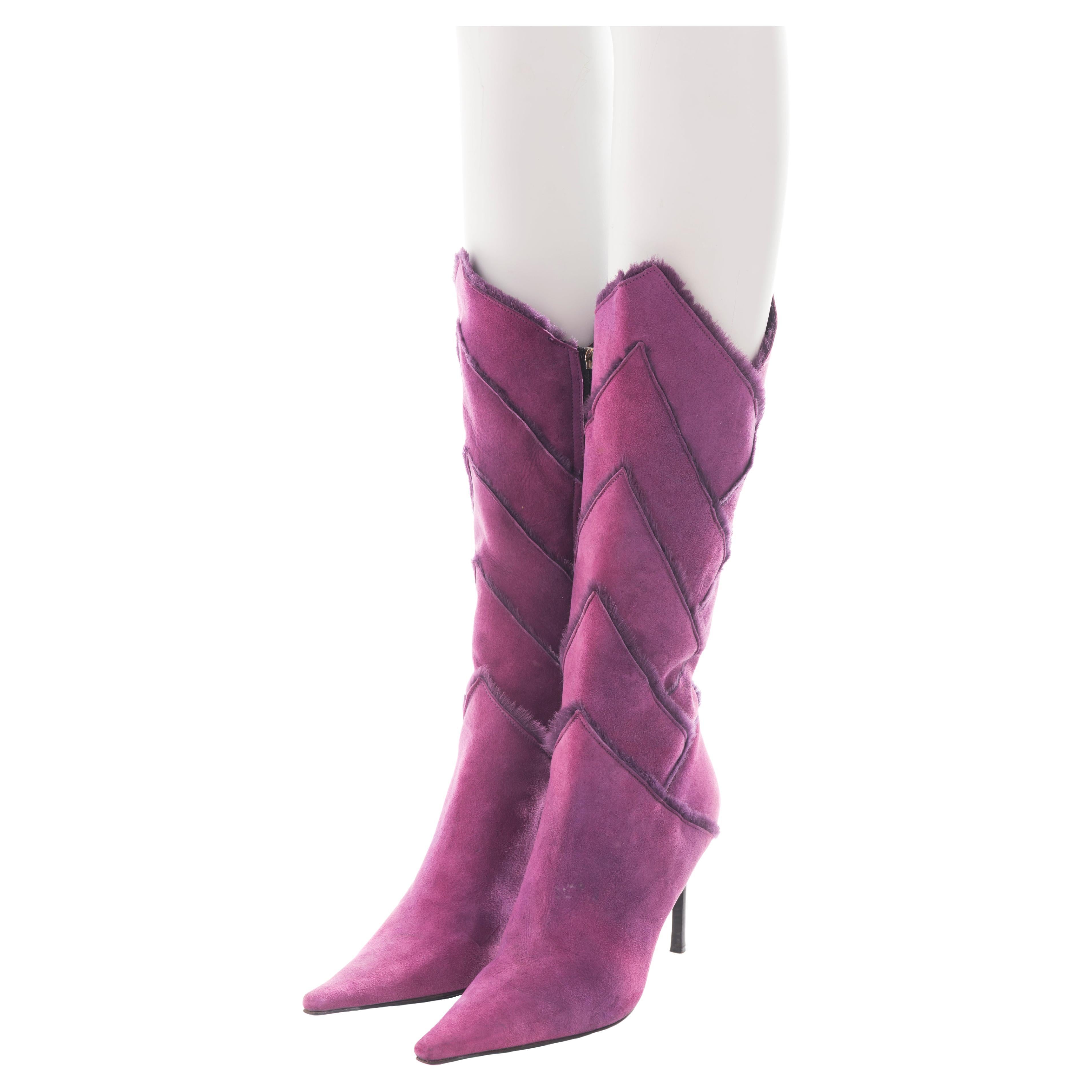 Cesare Paciotti F/W 2002 purple sheepskin fur boots For Sale