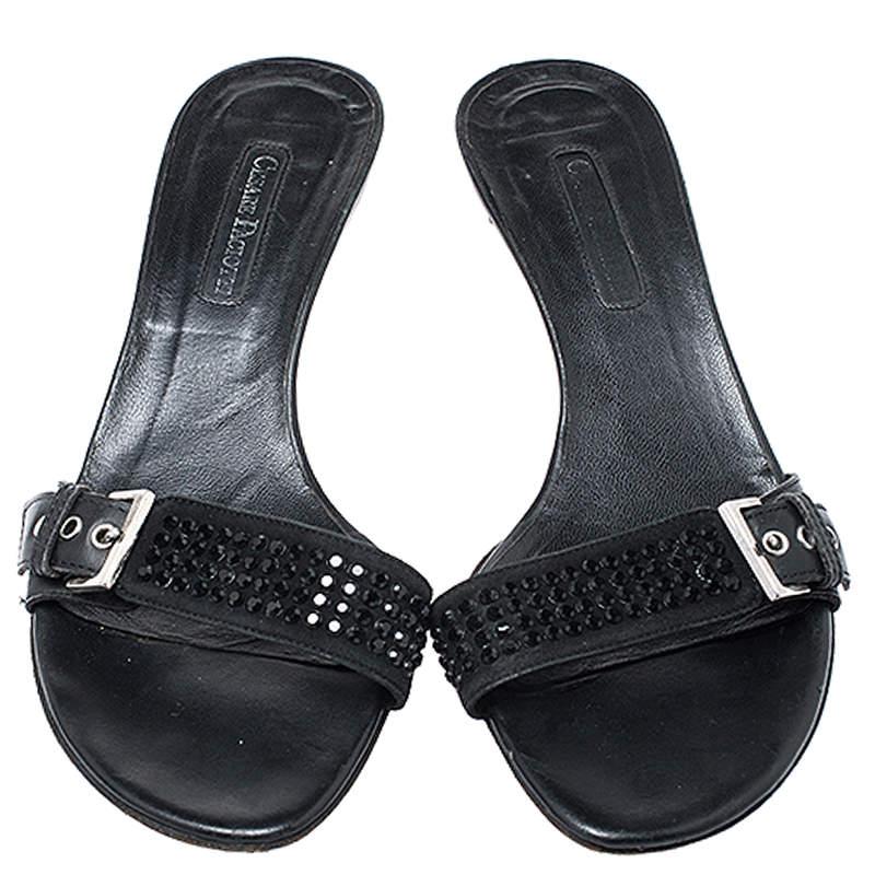 Black Cesare Paciotti Leather Embellished Buckle Detail Kitten Heel Mules Size 37