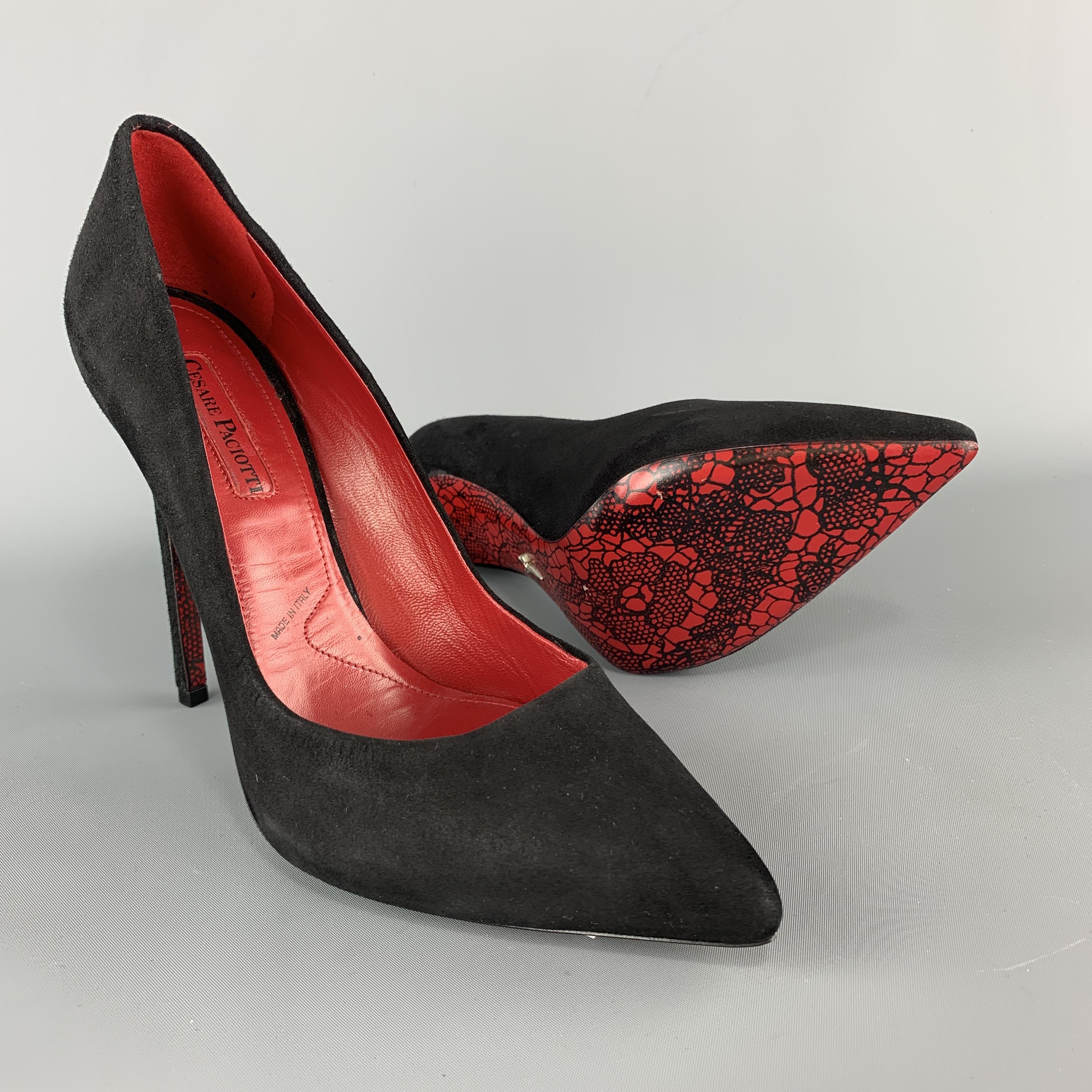 CESARE PACIOTTI pumps come in black suede with a pointed toe and silver tone swo In New Condition In San Francisco, CA