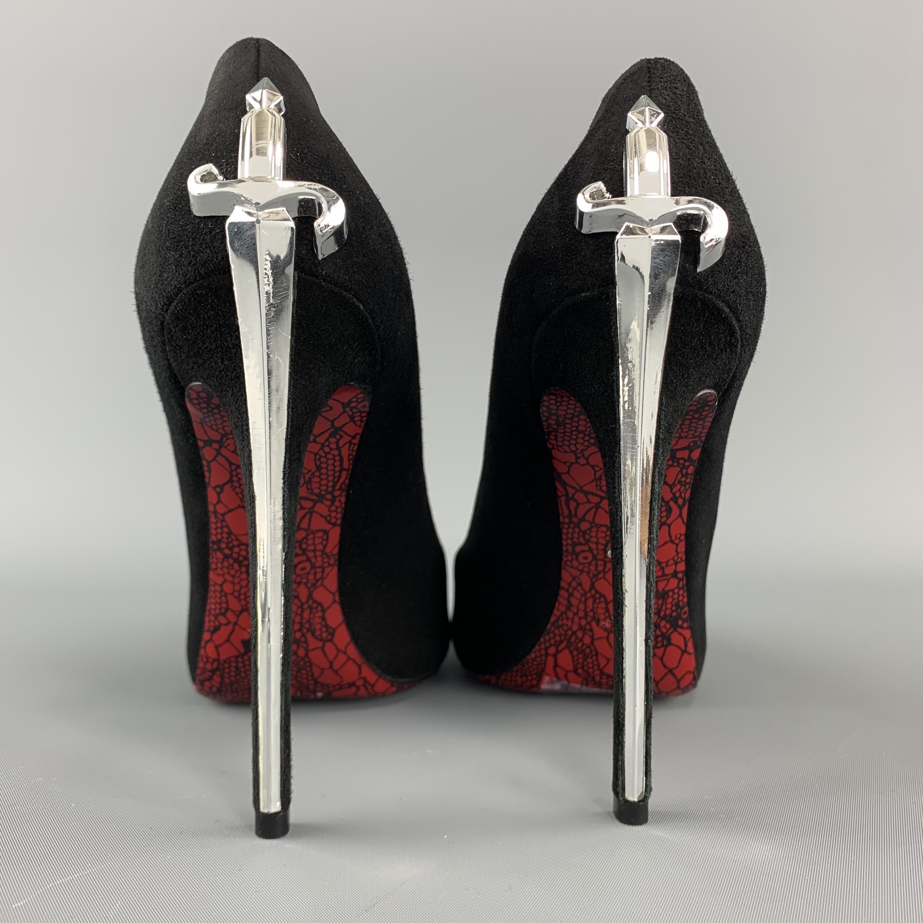Women's CESARE PACIOTTI pumps come in black suede with a pointed toe and silver tone swo