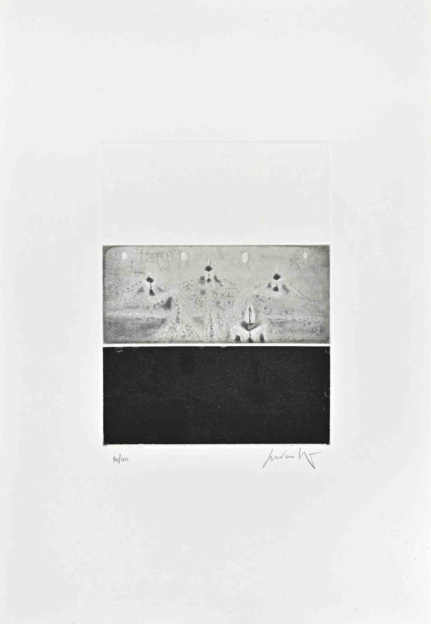 Composition  is a black and white etching on paper, realized by the Italian artist Cesare Peverelli (Milan, 1922 - Paris, 2000) and printed in 1973 by La Nuova Foglio, a publishing house of Macerata, as the dry-stamp reports on the lower right