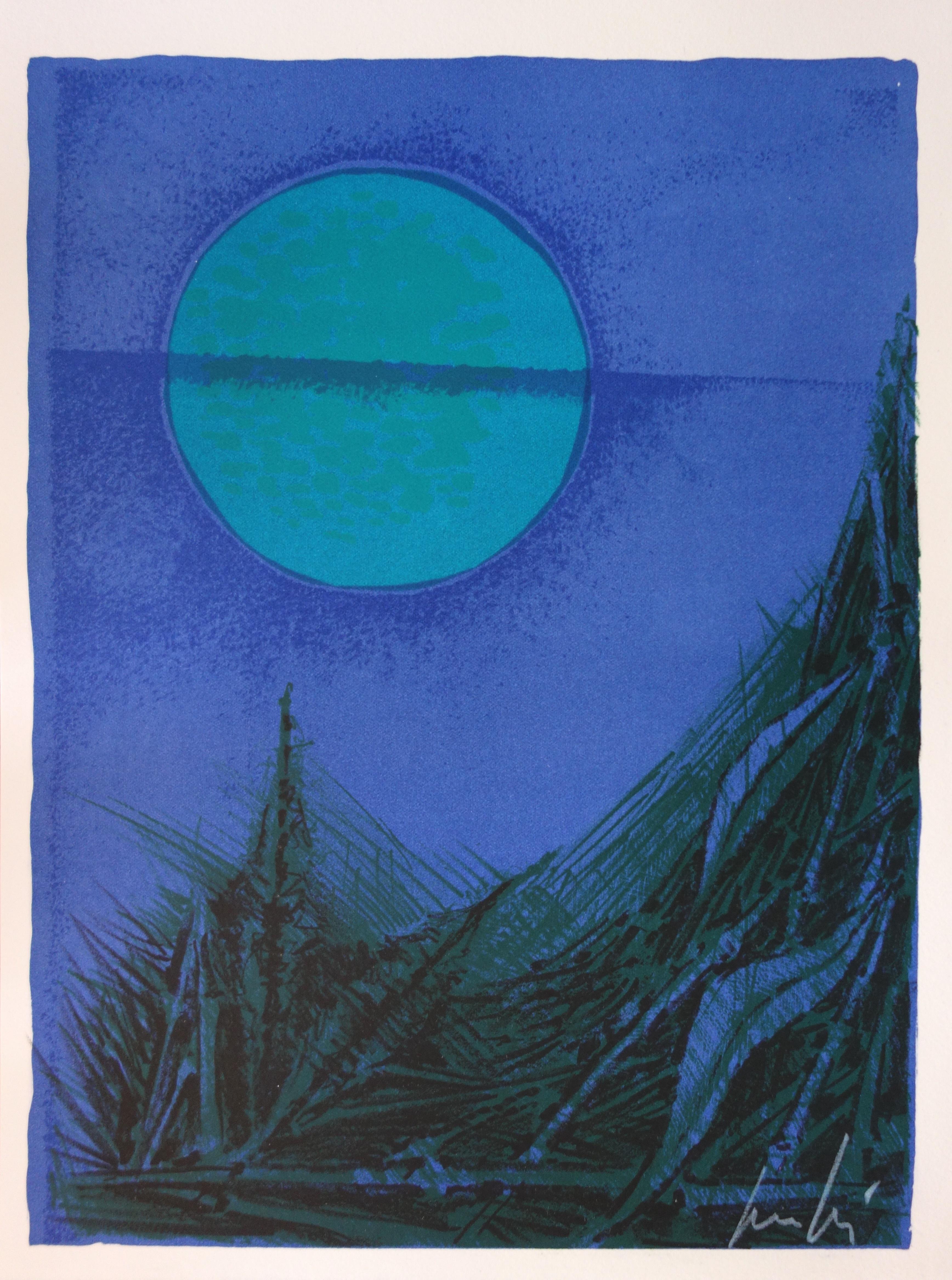 Cesare Peverelli Landscape Print - Surrealist Landscape with Blue Moon - Original handsigned lithograph