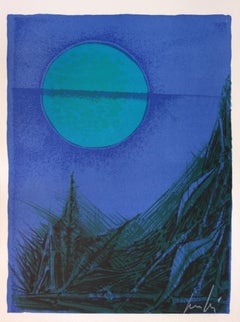 Vintage Surrealist Landscape with Blue Moon - Original handsigned lithograph
