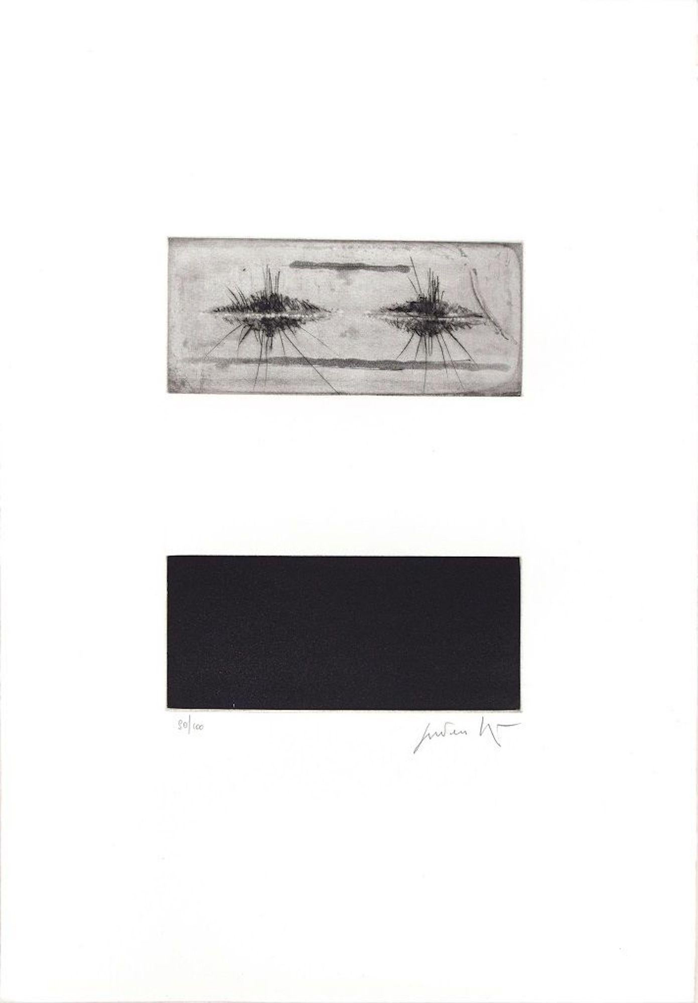 Image dimensions: 23.5 x 17.5 cm

Tripartite composition is an original black and white aquatint, chalcography and etching on paper, realized by the Italian artist Cesare Peverelli (Milan, 1922- Paris, 2000) and published in 1973 by La Nuova Foglio,