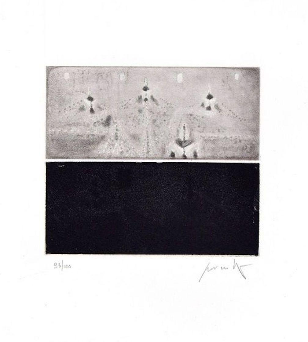 Image dimensions: 23.7 x 17.7 cm

Untitled is a beautiful original black and white chalcography, aquatint and etching on paper, realized by the Italian artist Cesare Peverelli (Milan, 1922- Paris, 2000) and published in 1973 by La Nuova Foglio, a