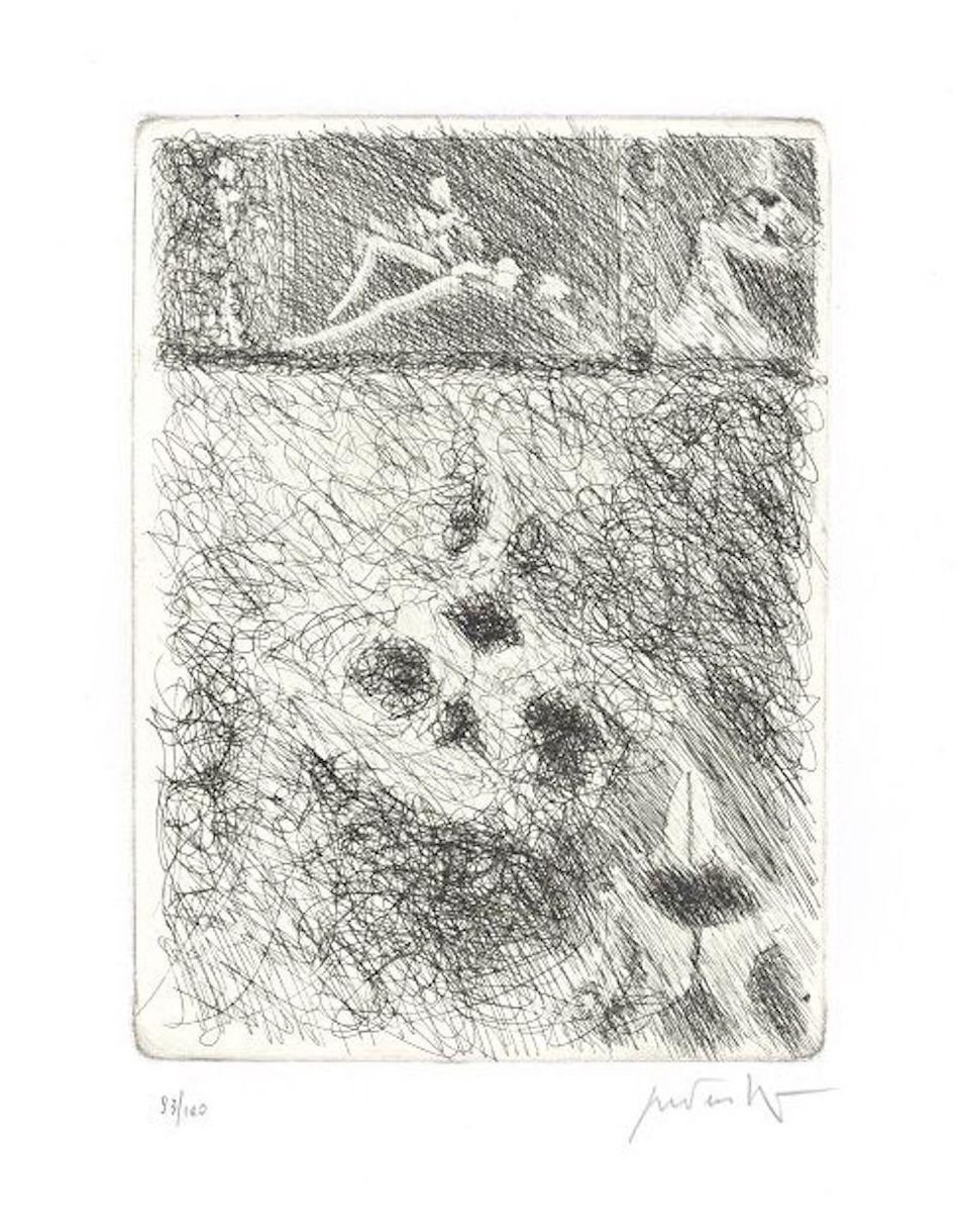 Dimensioni dell'immagine: 23,7 x 17,7 cm

Senza Titolo è un'acquaforte originale in bianco e nero su carta, realizzata dall'artista italiano Cesare Peverelli (Milano, 1922-Parigi, 2000) e stampata nel 1973 dalla casa editrice La Nuova Foglio di