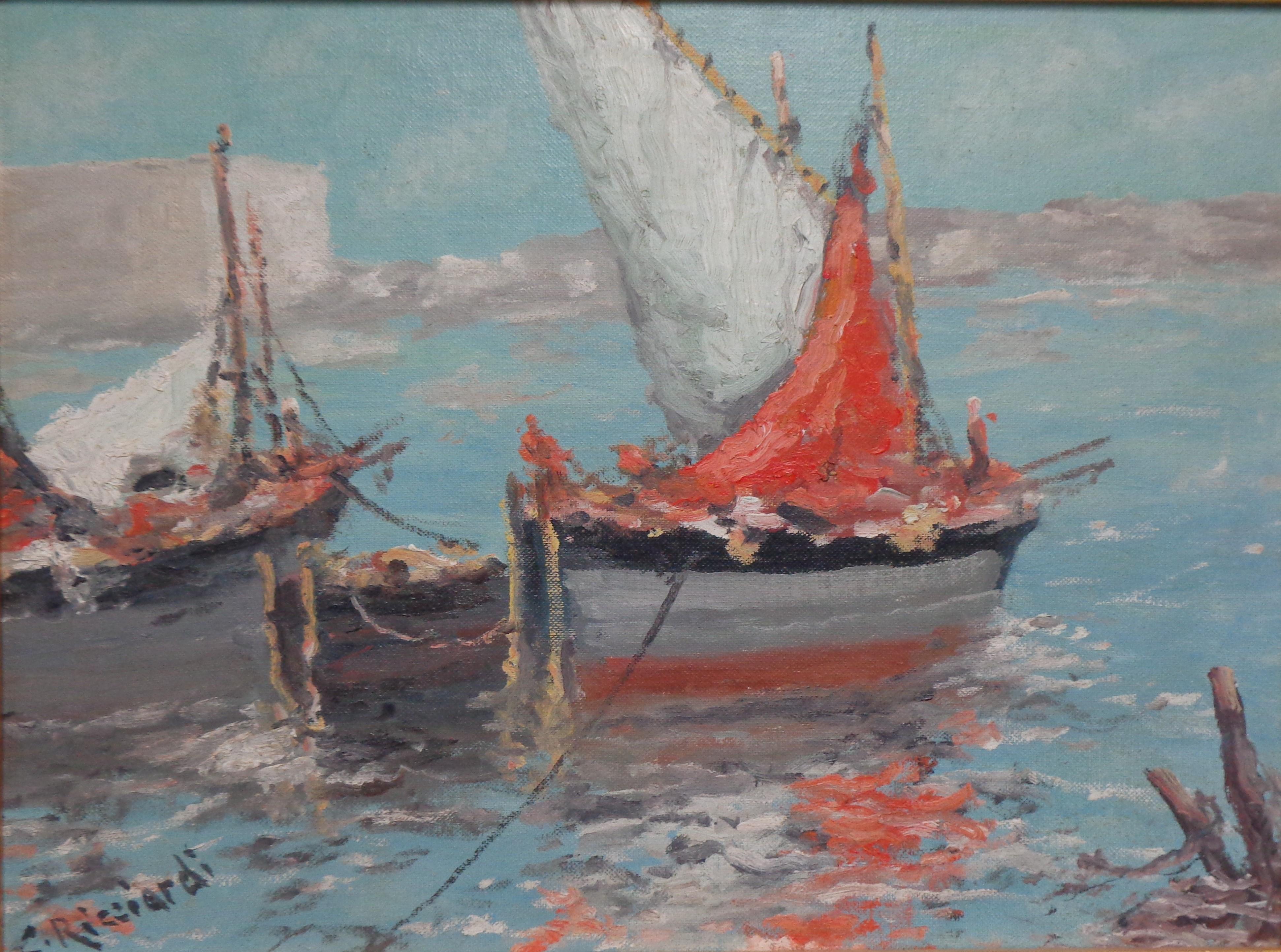 Impressionistische Meereslandschaft von Cesare Ricciardi, Ölgemälde 1892-1973 Segelboote undMarine im Angebot 1