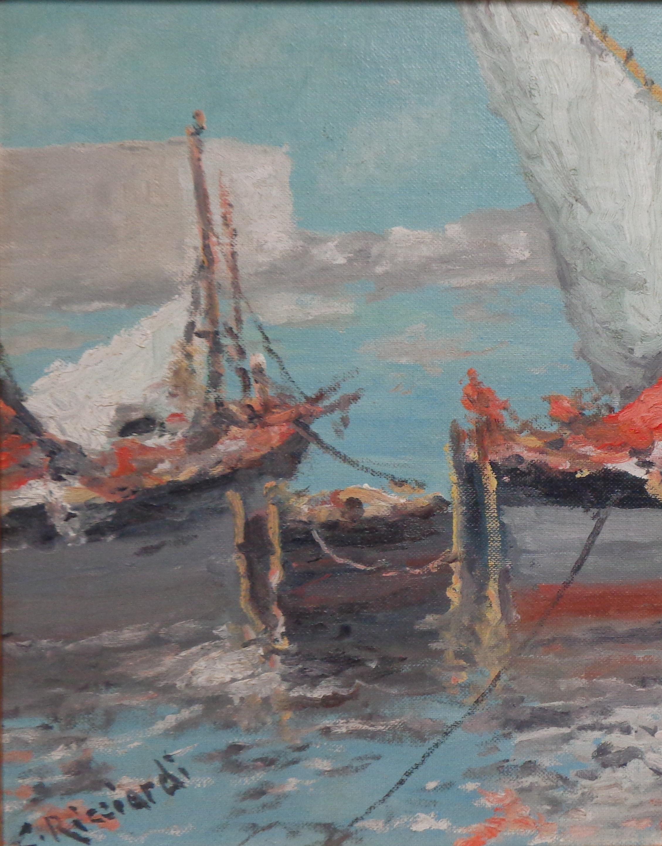 Impressionistische Meereslandschaft von Cesare Ricciardi, Ölgemälde 1892-1973 Segelboote undMarine im Angebot 3