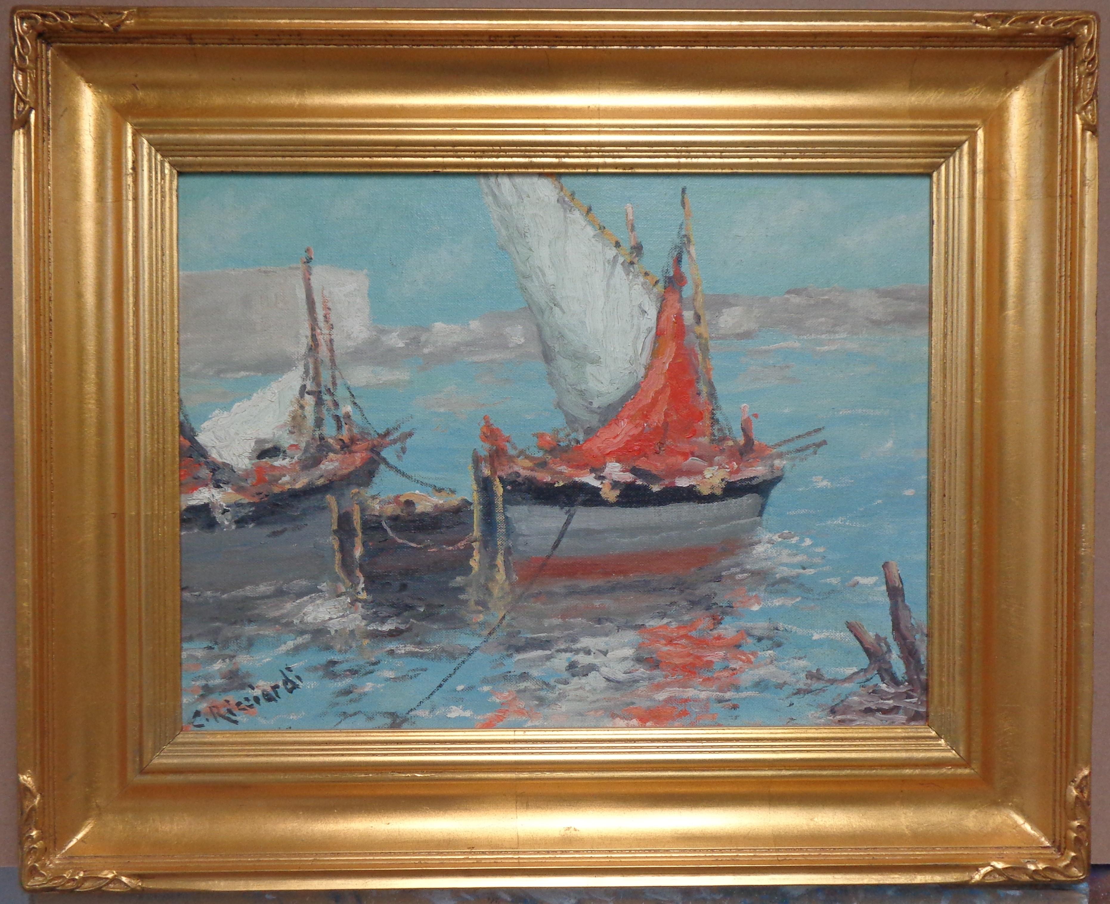 Impressionistische Meereslandschaft von Cesare Ricciardi, Ölgemälde 1892-1973 Segelboote undMarine