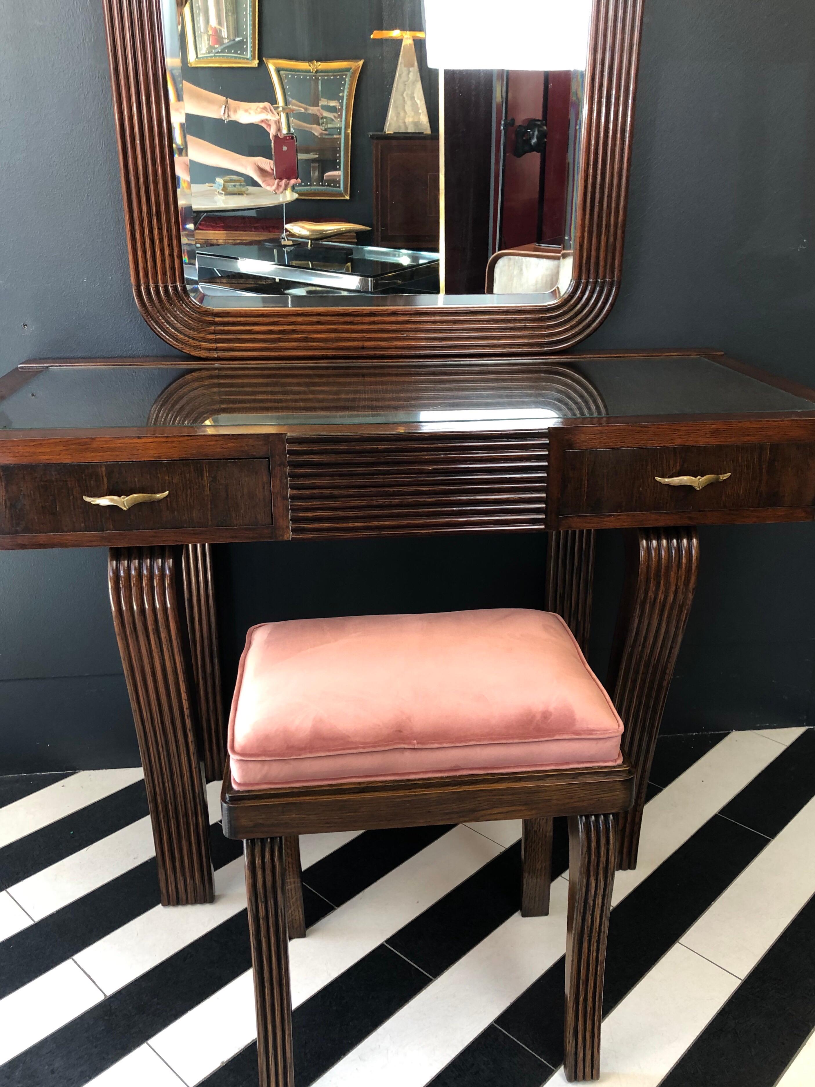 Cesare Scocimarro Art Deco Dressing Table Set Newly Upholstered in Rose Pink In Good Condition In London, GB