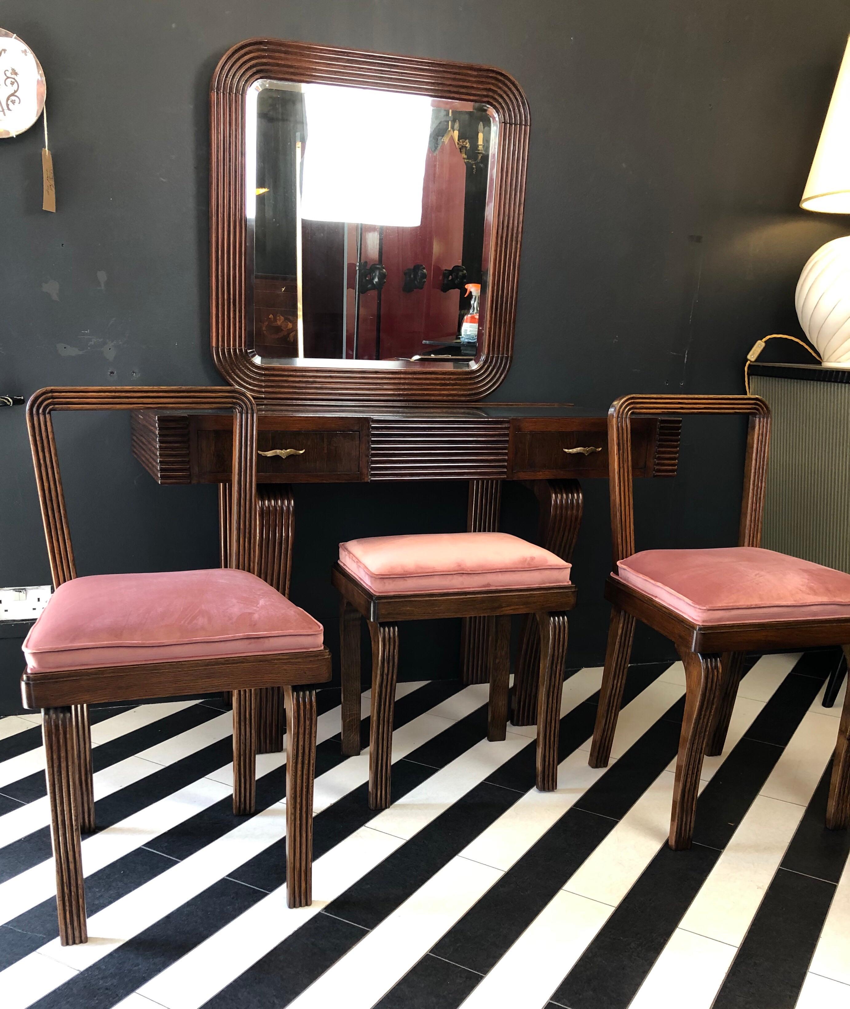20th Century Cesare Scocimarro Art Deco Dressing Table Set Newly Upholstered in Rose Pink