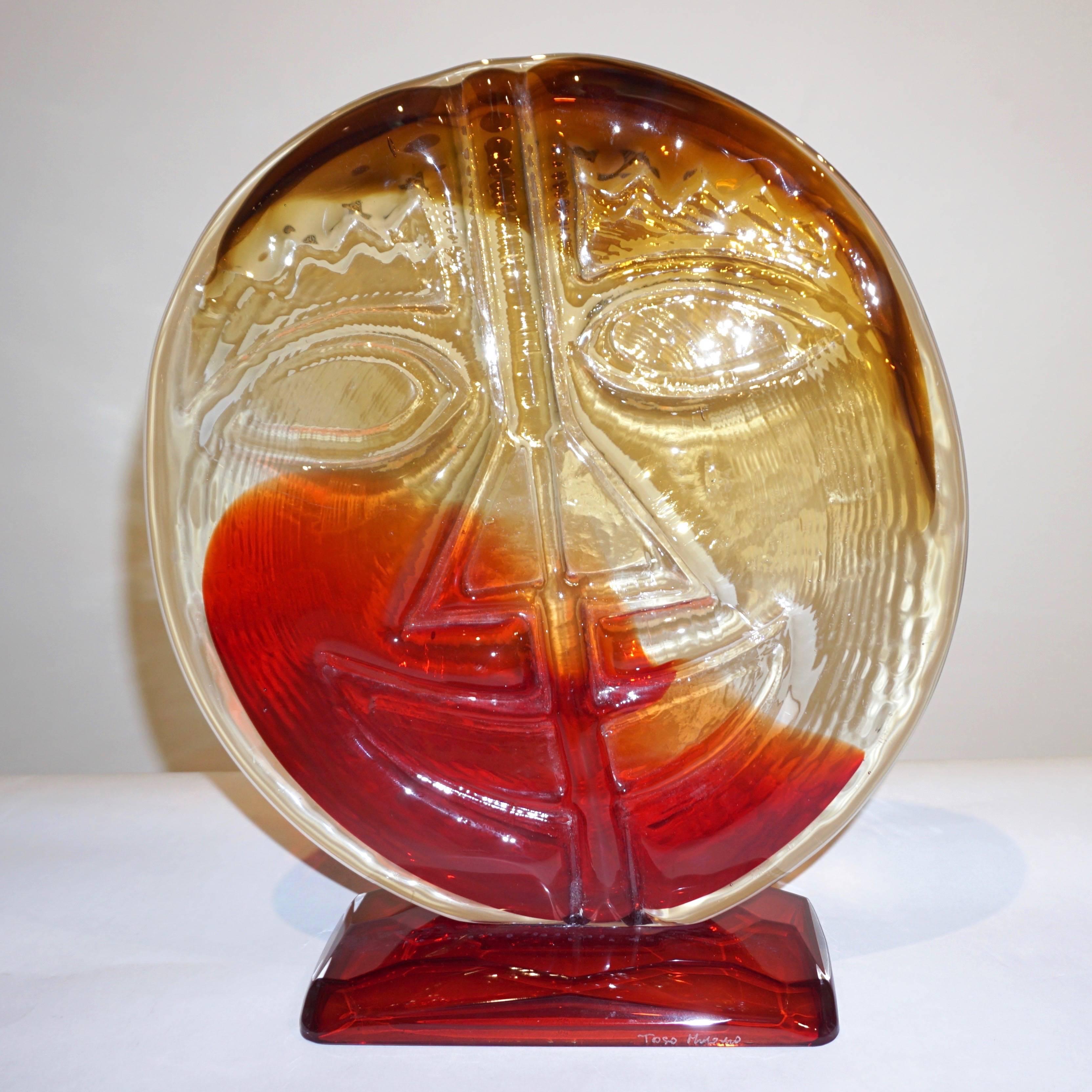 Cesare Toso 1970s Pair of Abstract Red and Amber Murano Art Glass Round Faces 2