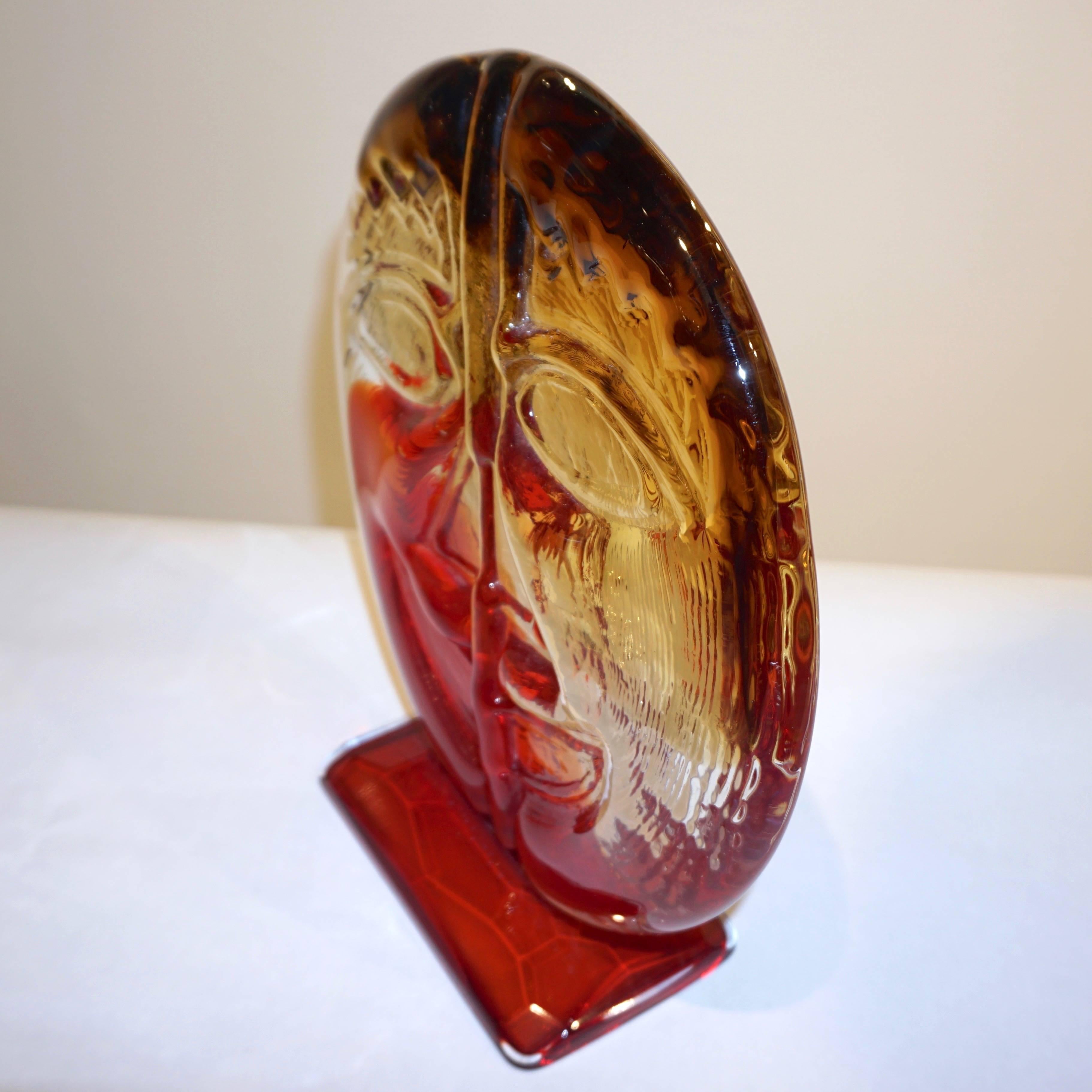 Cesare Toso 1970s Pair of Abstract Red and Amber Murano Art Glass Round Faces 4