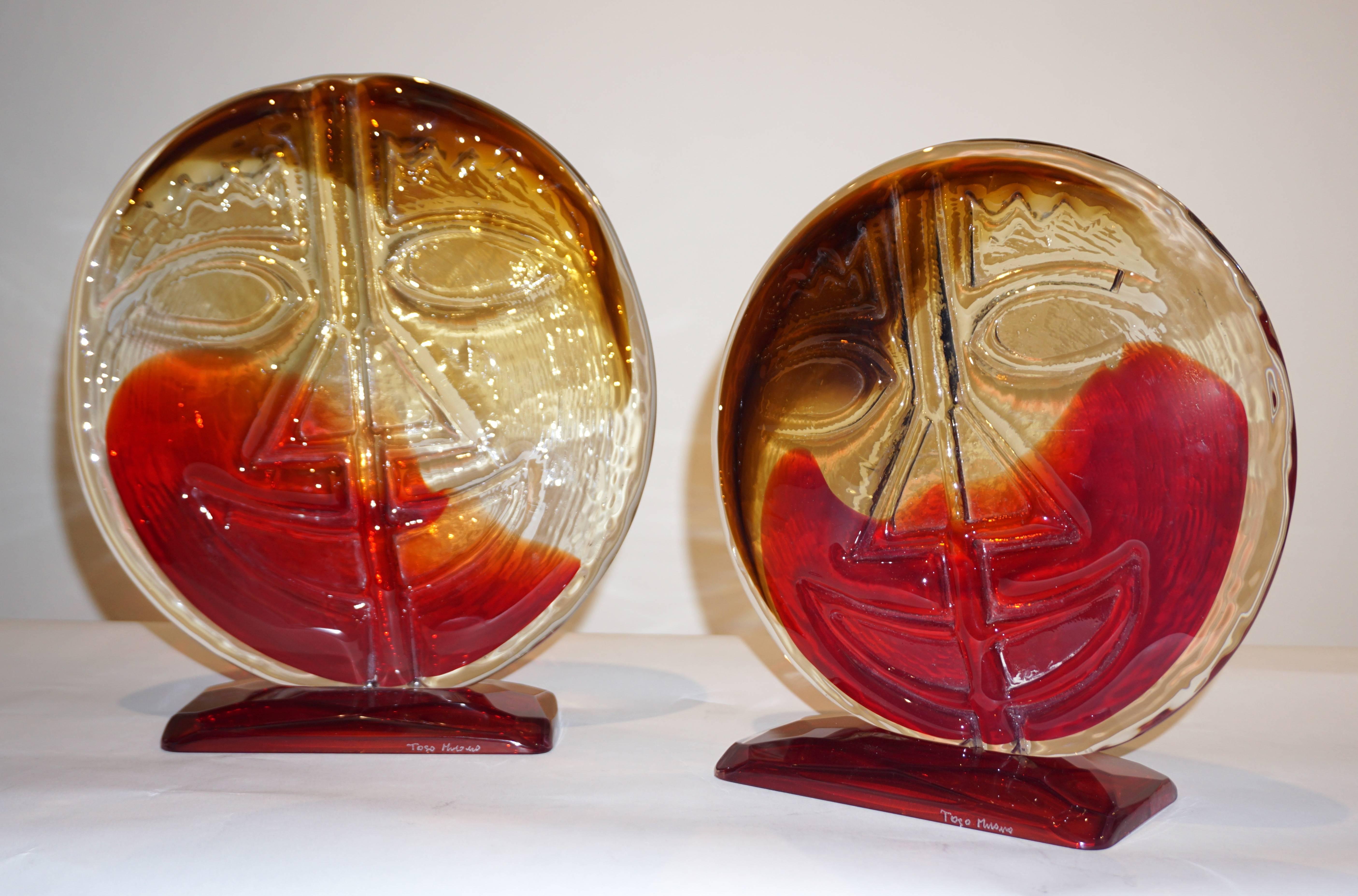 Cesare Toso 1970s Pair of Abstract Red and Amber Murano Art Glass Round Faces 7