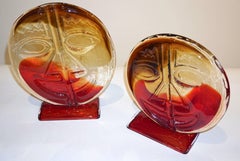 Cesare Toso 1970s Pair of Abstract Red and Amber Murano Art Glass Round Faces