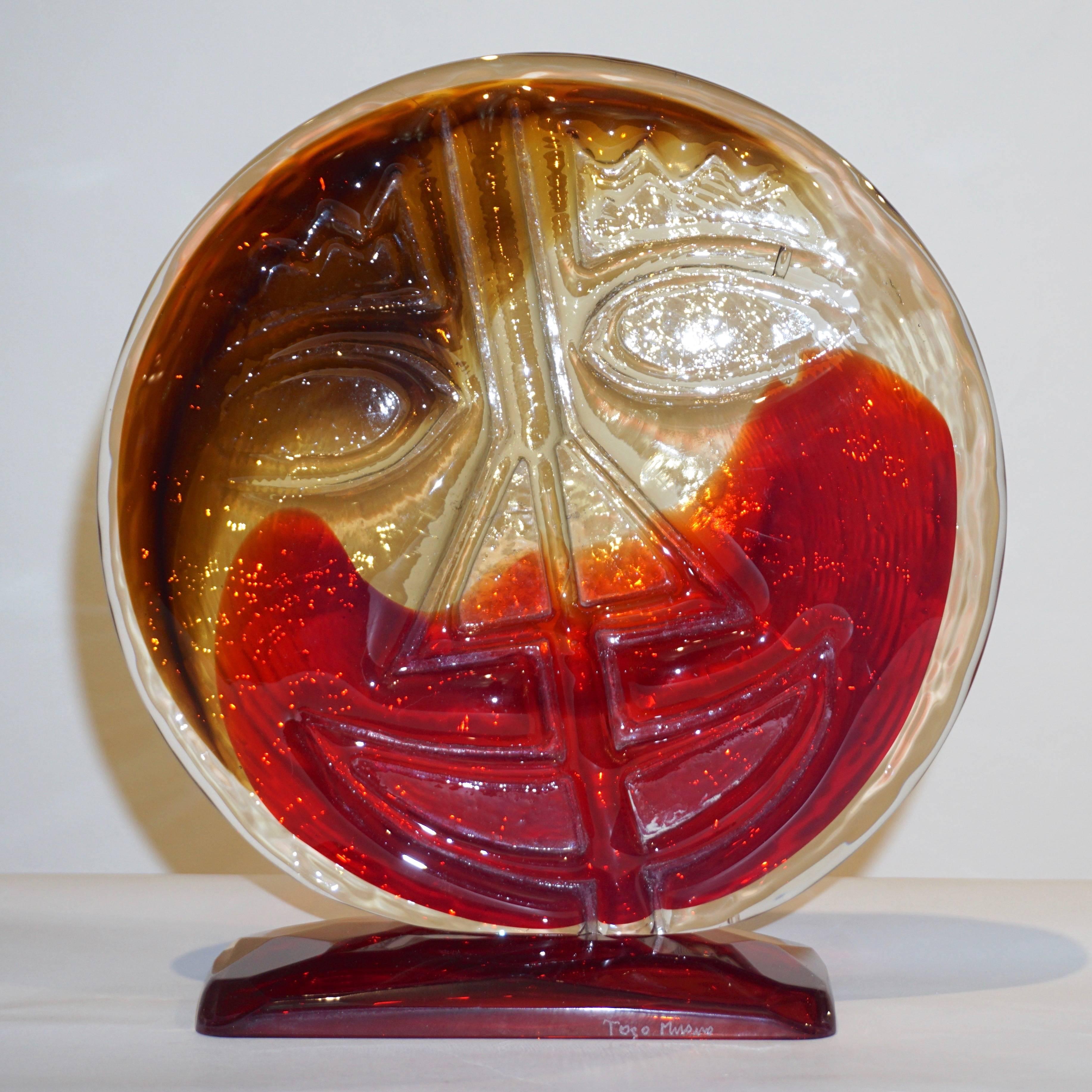 Mid-Century Modern Cesare Toso 1970s Pair of Abstract Red and Amber Murano Art Glass Round Faces