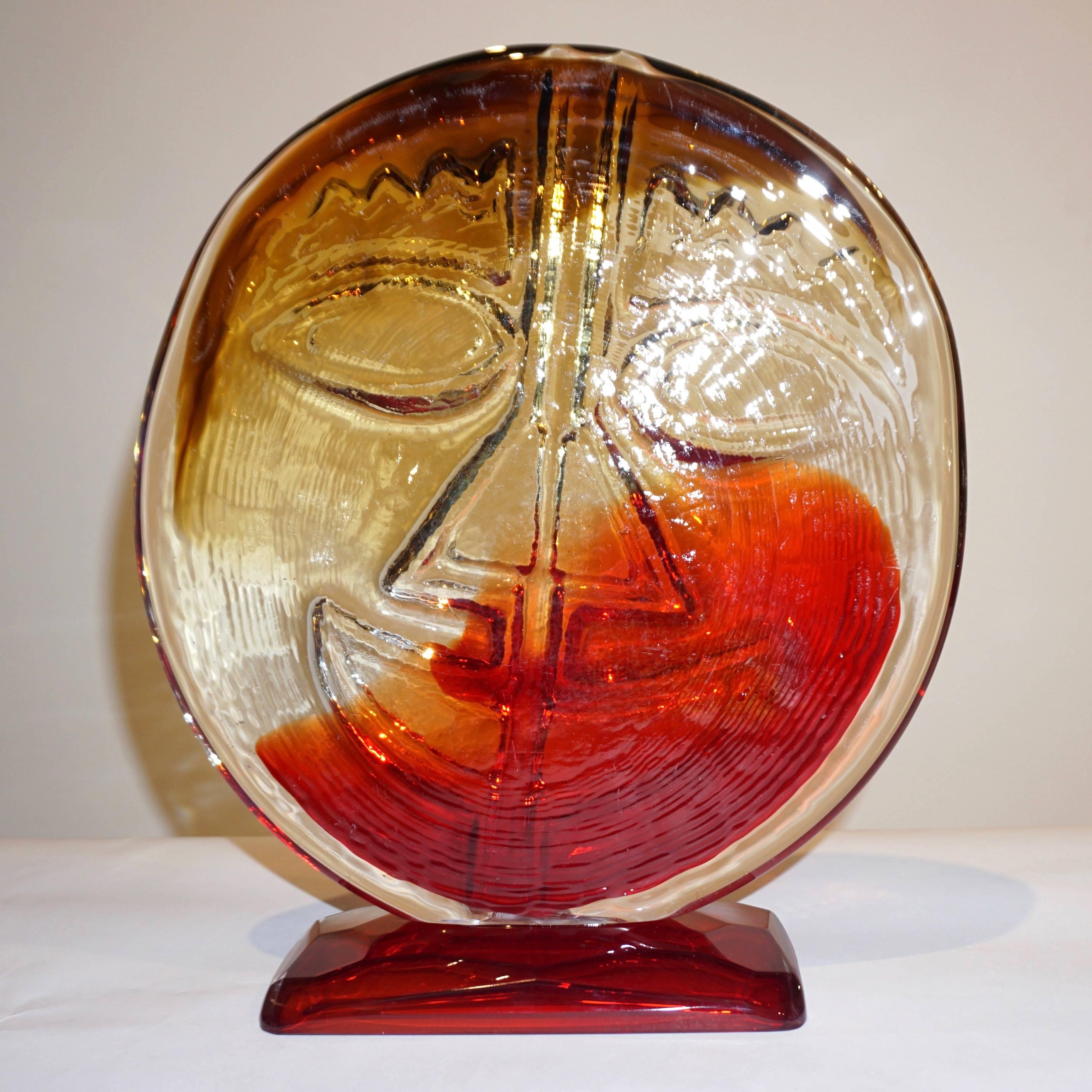 Italian Cesare Toso 1970s Pair of Abstract Red and Amber Murano Art Glass Round Faces