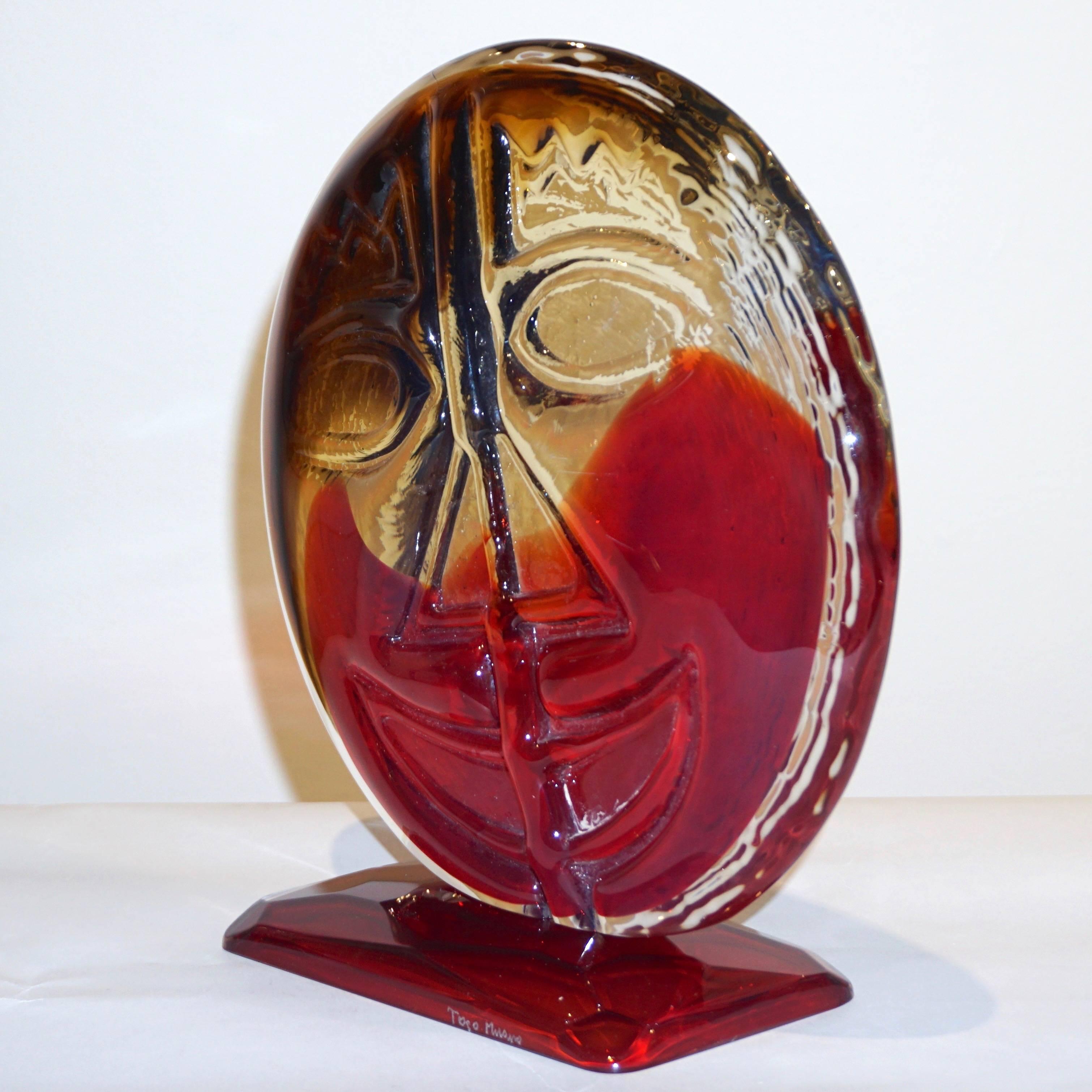 Hand-Crafted Cesare Toso 1970s Pair of Abstract Red and Amber Murano Art Glass Round Faces