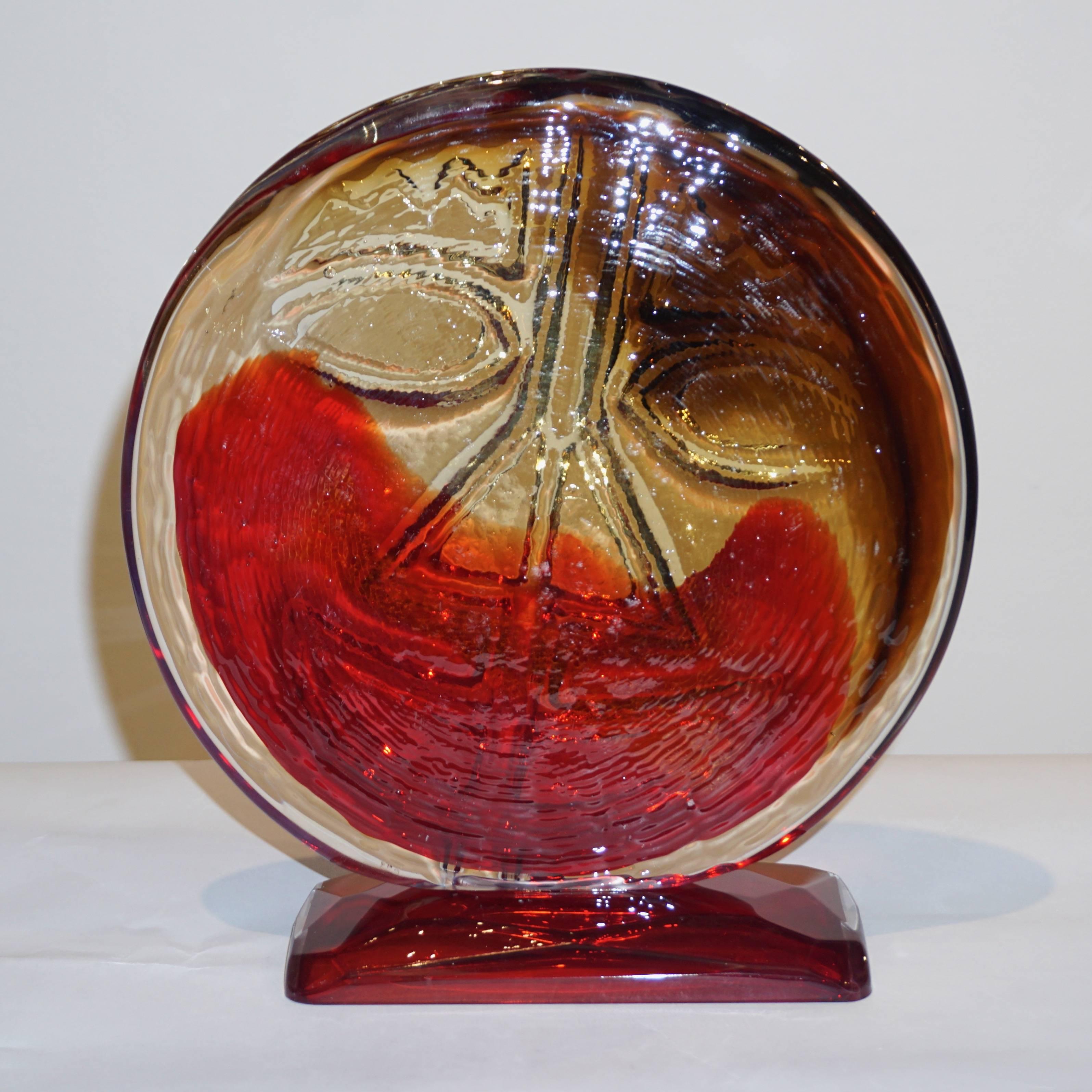 Late 20th Century Cesare Toso 1970s Pair of Abstract Red and Amber Murano Art Glass Round Faces