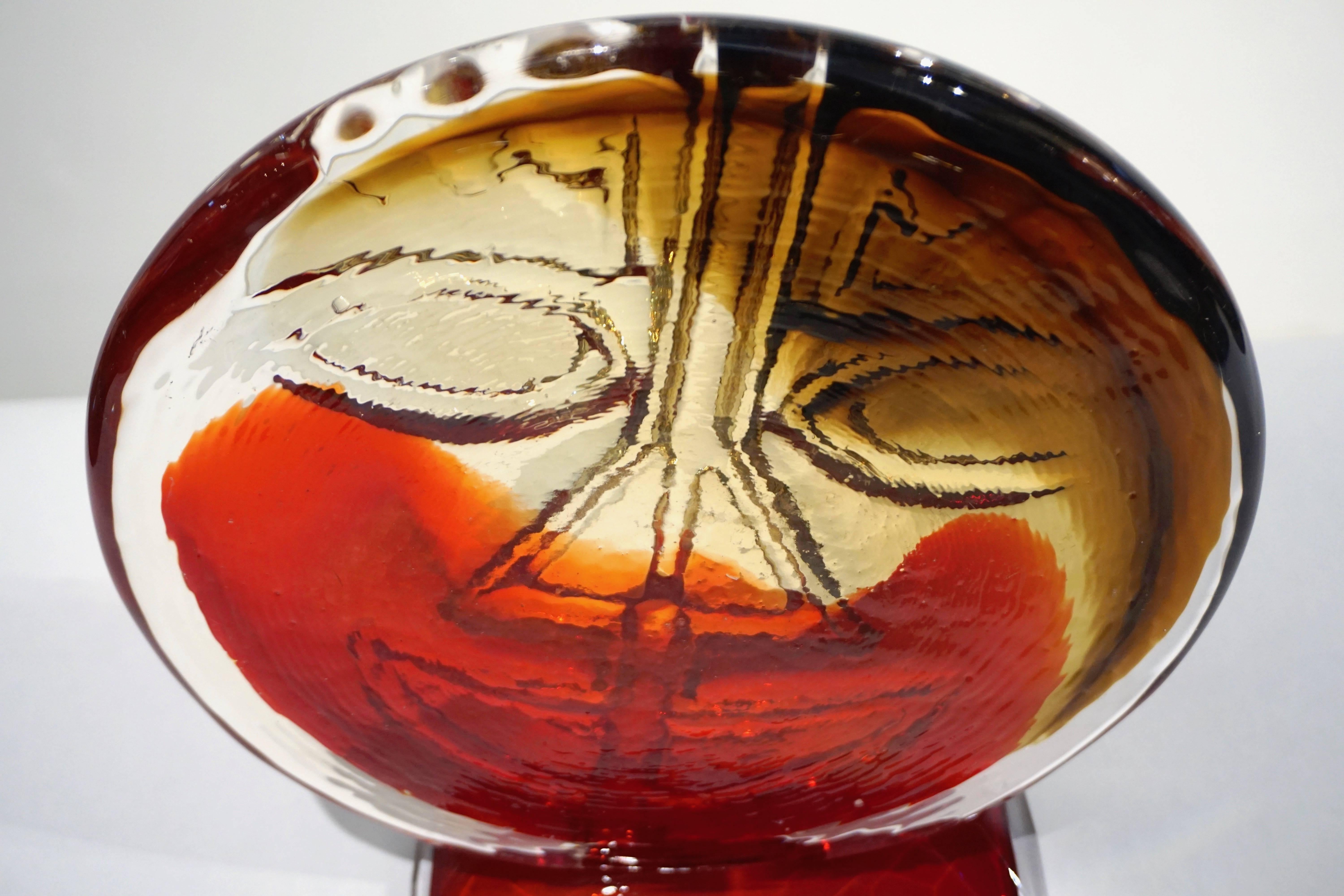 Murano Glass Cesare Toso 1970s Pair of Abstract Red and Amber Murano Art Glass Round Faces