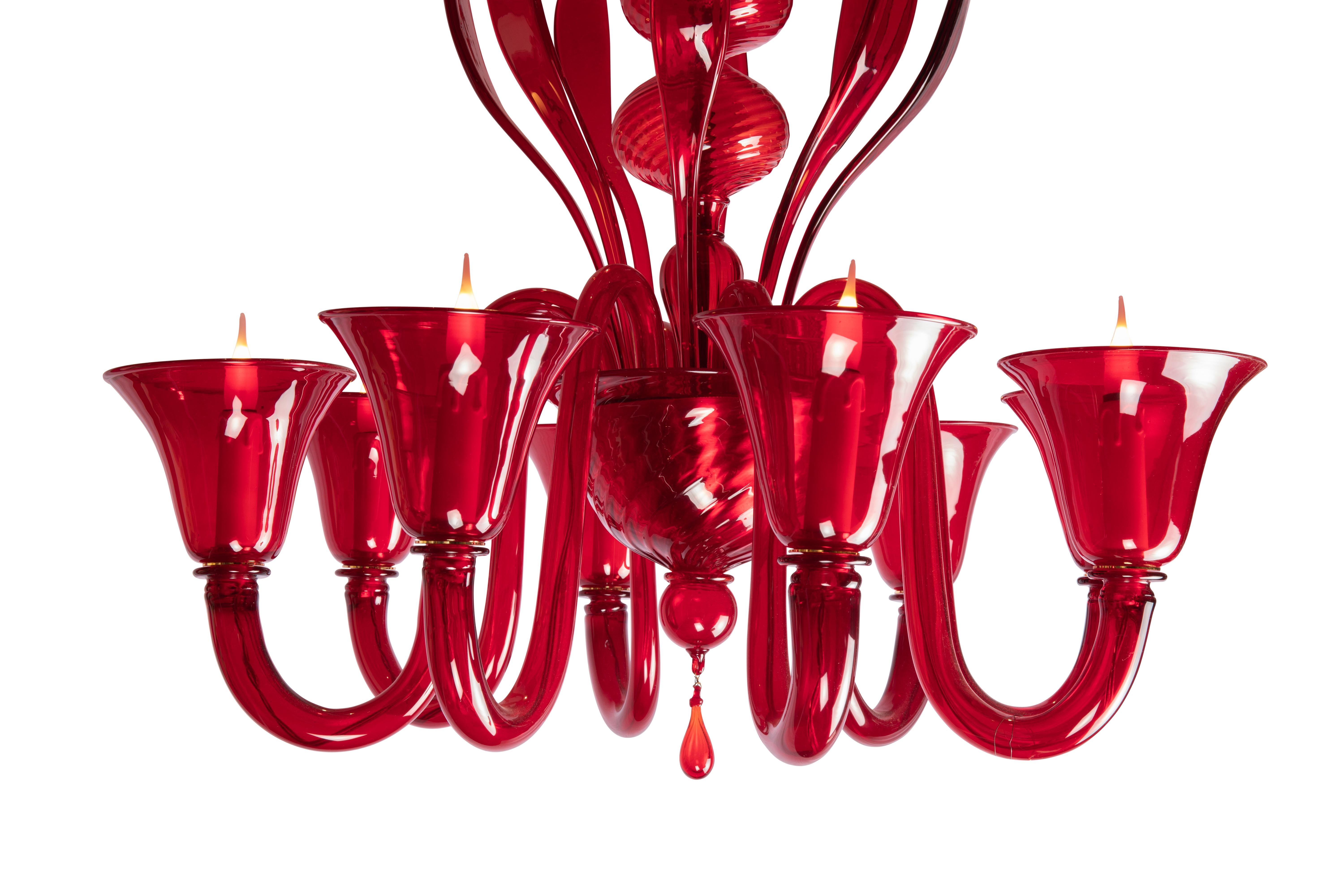 Italian Cesare Toso, Chalice Chandelier, Ruby Red Blown Glass, 8 lights, 1980's For Sale