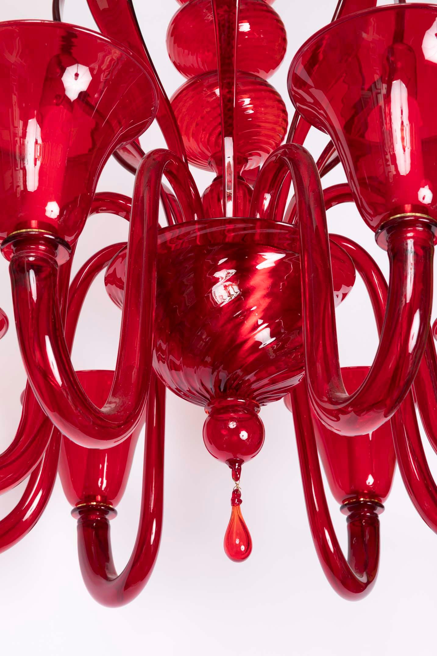 20th Century Cesare Toso, Chalice Chandelier, Ruby Red Blown Glass, 8 lights, 1980's For Sale