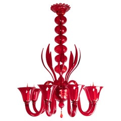 Vintage Cesare Toso, Chalice Chandelier, Ruby Red Blown Glass, 8 lights, 1980's