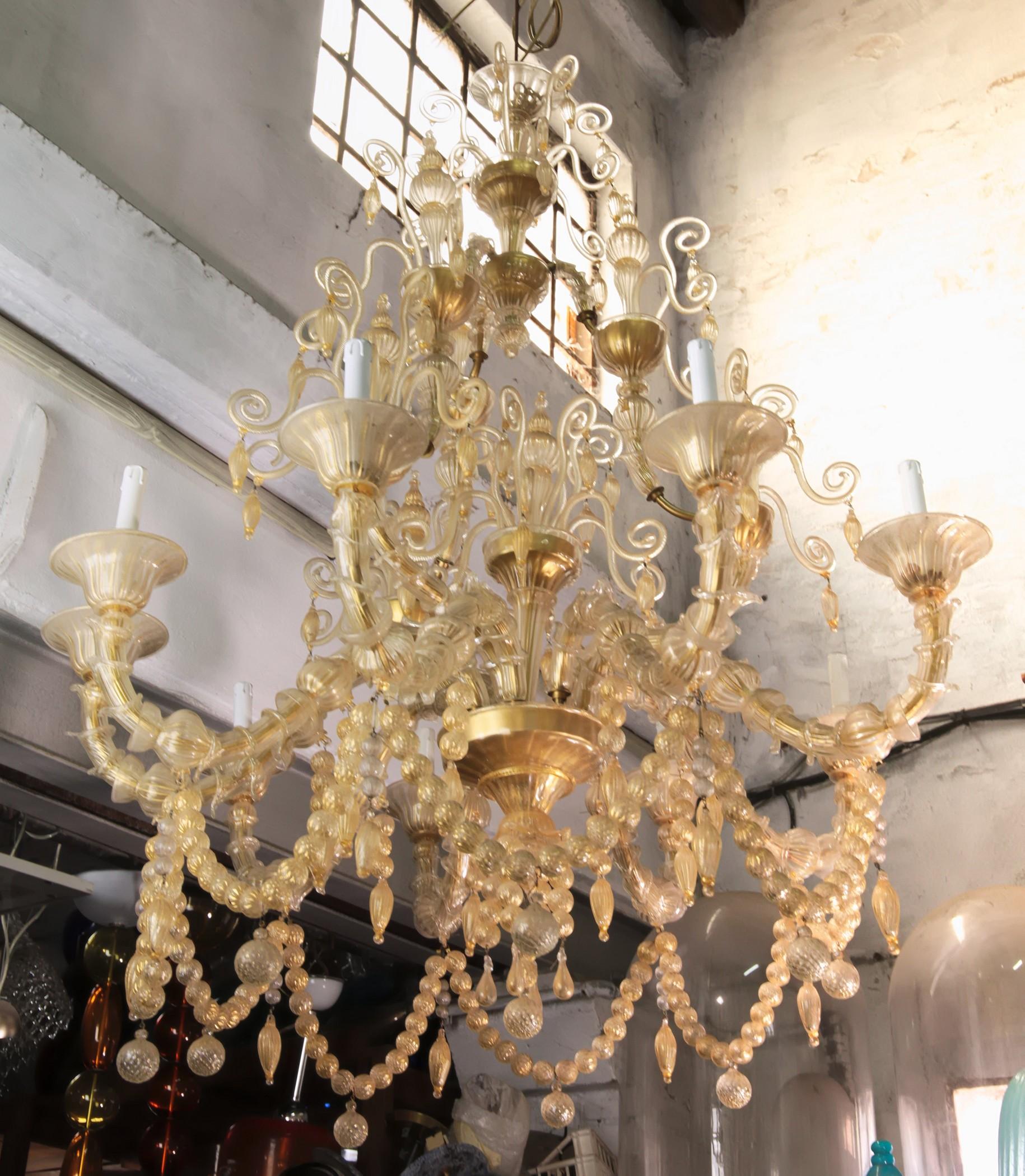 Cesare Toso Pearl Rezzonico Chandelier 9 Arms All in Gold Leaf over Clear, 1980s 2