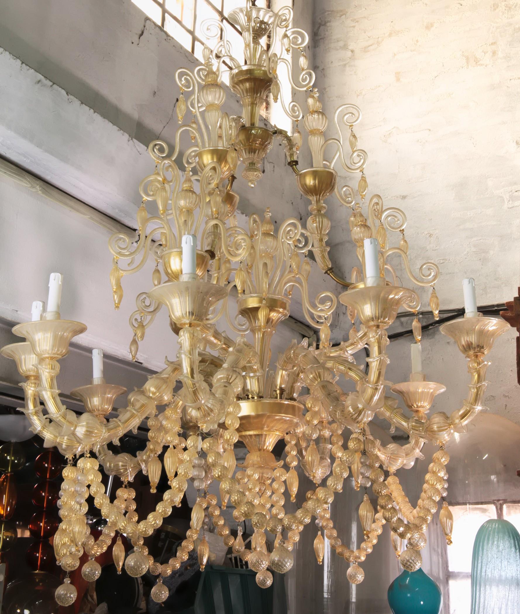 Cesare Toso Pearl Rezzonico Chandelier 9 Arms All in Gold Leaf over Clear, 1980s 4