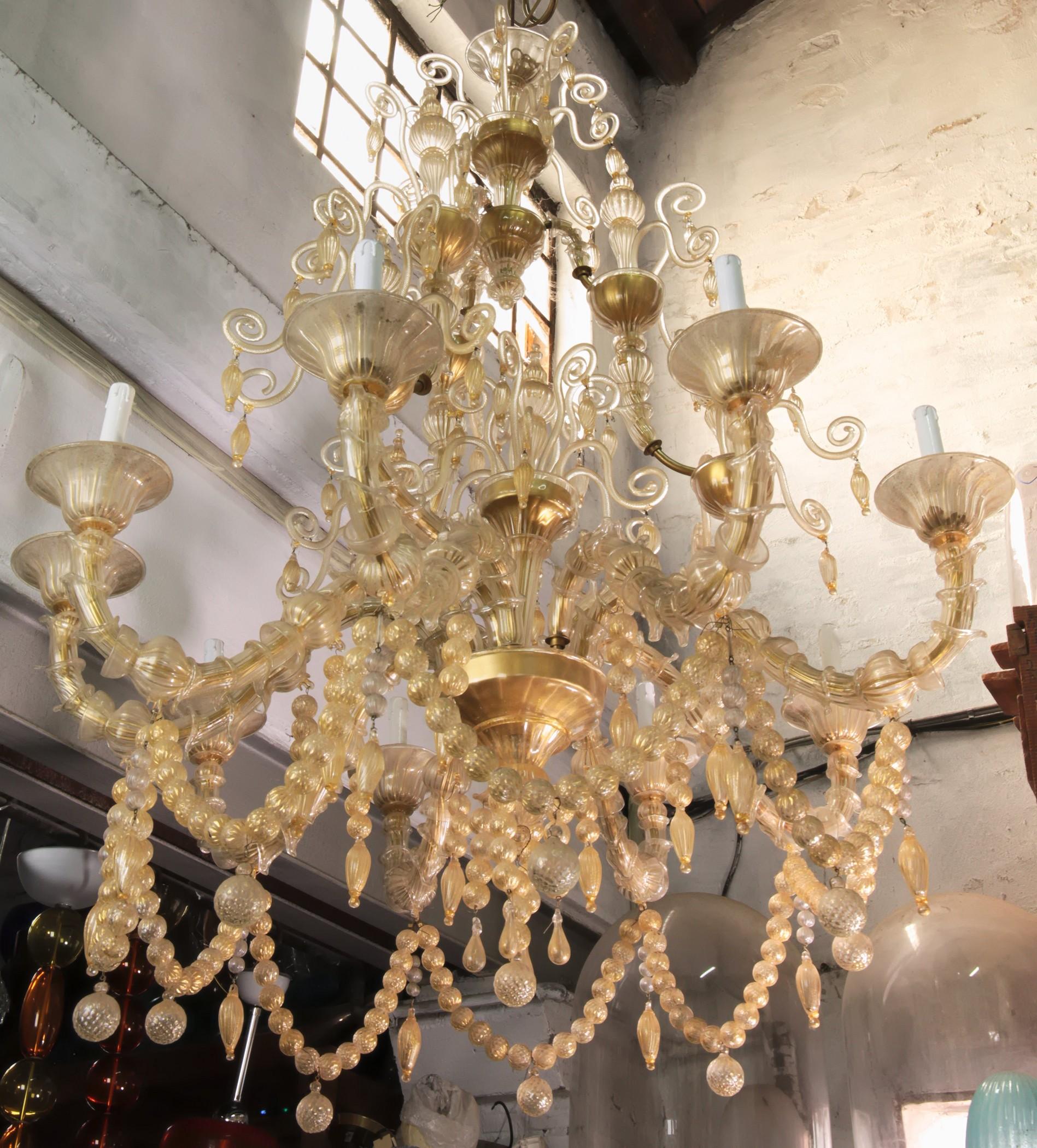 Cesare Toso Pearl Rezzonico Chandelier 9 Arms All in Gold Leaf over Clear, 1980s 5