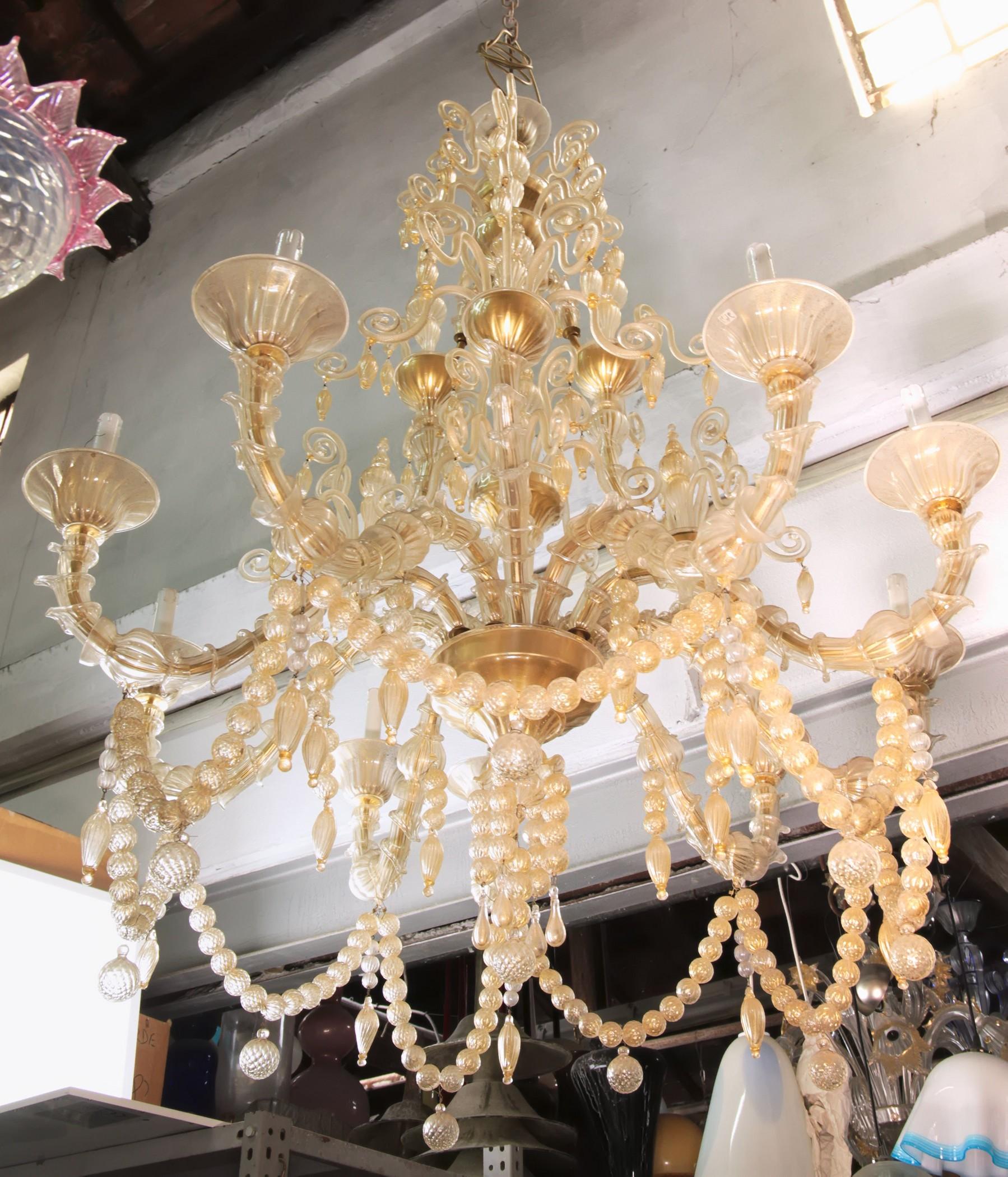 Mid-Century Modern Cesare Toso Pearl Rezzonico Chandelier 9 Arms All in Gold Leaf over Clear, 1980s