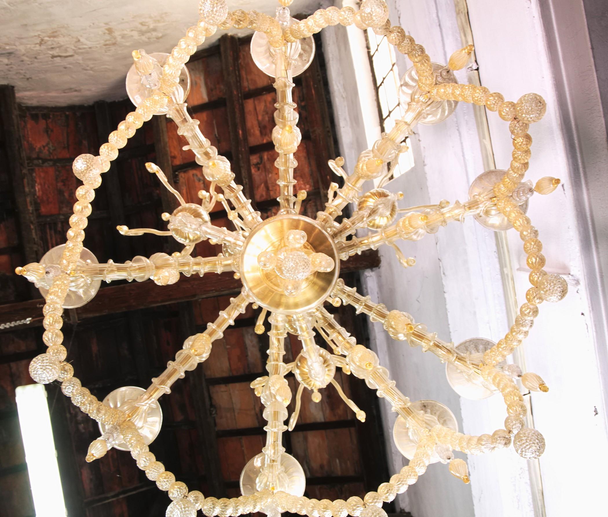 Italian Cesare Toso Pearl Rezzonico Chandelier 9 Arms All in Gold Leaf over Clear, 1980s