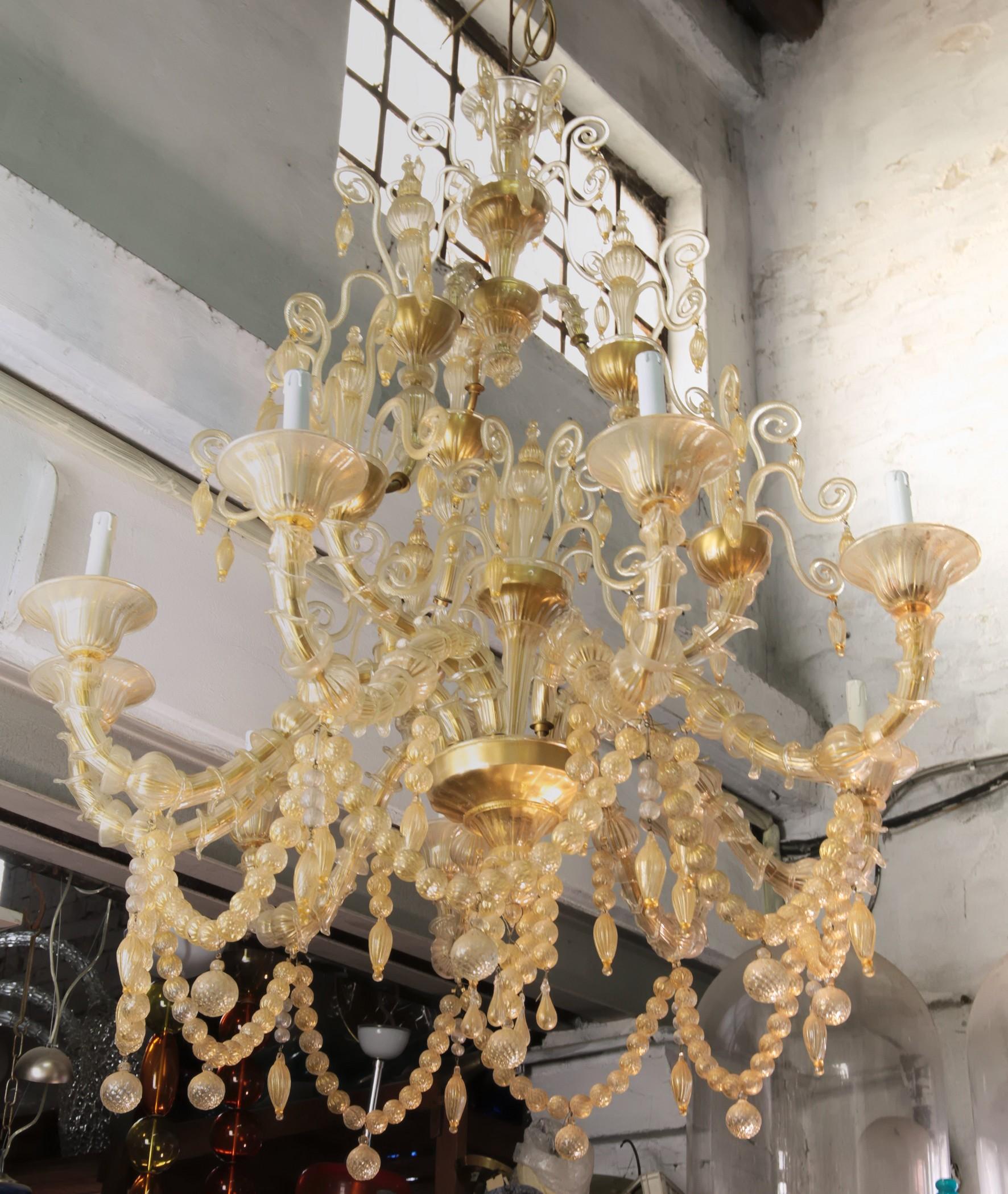 Hand-Crafted Cesare Toso Pearl Rezzonico Chandelier 9 Arms All in Gold Leaf over Clear, 1980s